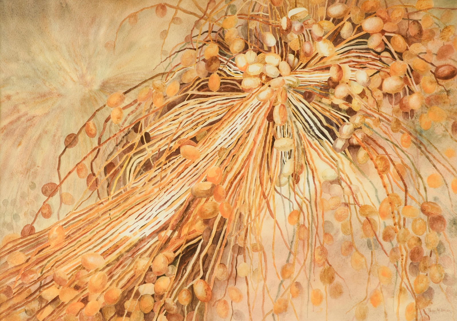 PEGGY M. BRYAN (American/Texas b. 1931) "Emily's Golden Dates," CIRCA 1975,: PEGGY M. BRYAN (American/Texas b. 1931) "Emily's Golden Dates," CIRCA 1975,watercolor on paper, signed lower right, "Peggy M. Bryan."Sight: 19 1/2 x 28 in. (49.5 x 71.1 cm.), Frame: 30 x 38 in. (76.2