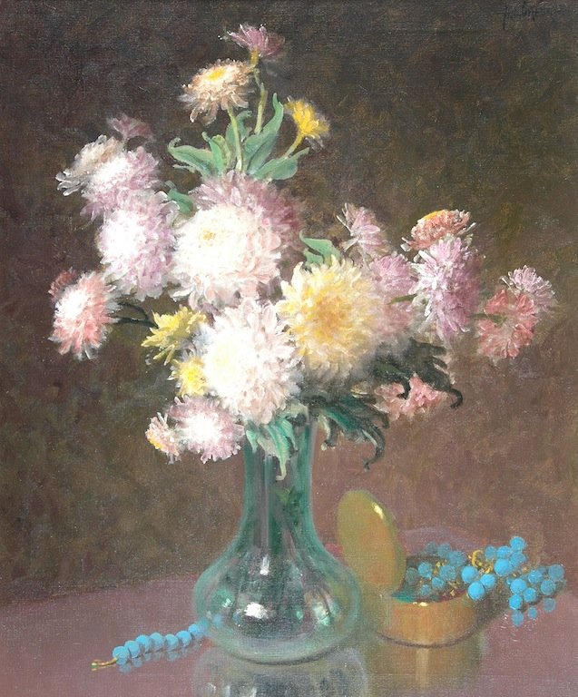 AUBREY DALE GREER (American/Texas 1904-1998) A PAINTING: AUBREY DALE GREER (American/Texas 1904-1998) A PAINTING, "Chrysanthemums," oil on canvas, signed U/R. 24" x 20 1/2" Framed.