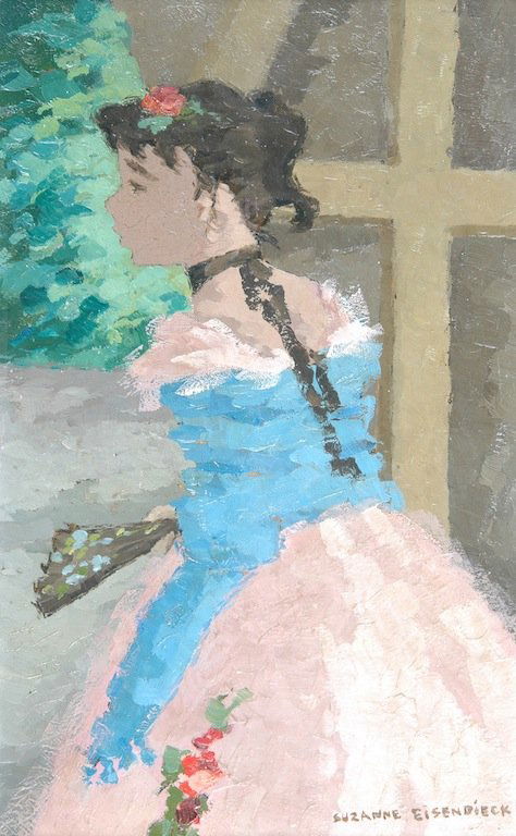SUZANNE EISENDIECK (German 1908-1998) A PAINTING, "Wait: SUZANNE EISENDIECK (German 1908-1998) A PAINTING, "Waiting in the wings," oil on board, signed L/R. 15 1/4" x 9 1/2" Framed.