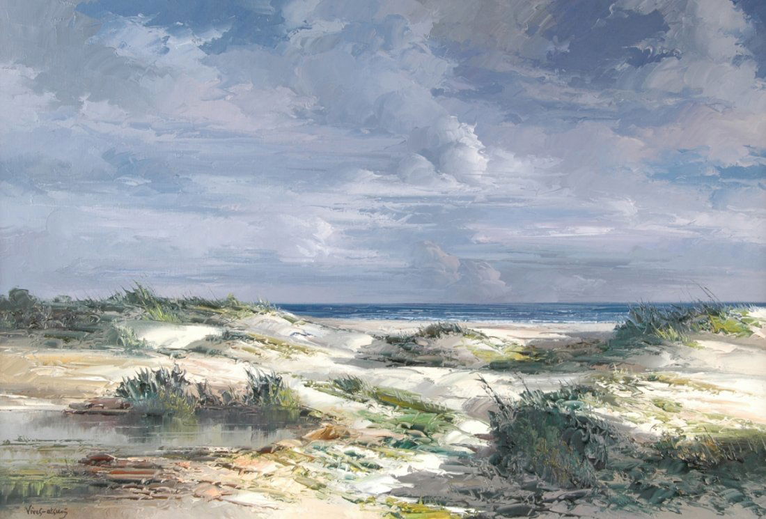 JOSE VIVES-ATSARA (Spanish/American 1919-2004) A PAINTI: JOSE VIVES-ATSARA (Spanish/American 1919-2004) A PAINTING, "Beach Scene," oil on canvas, signed L/L. 24" x 36" Framed.