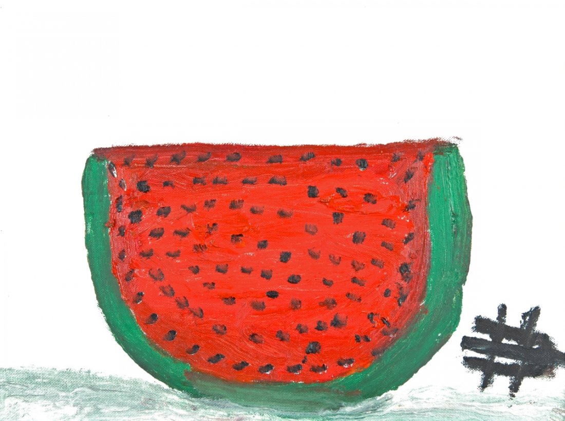 CLEMENTINE HUNTER (American 1886-1988) A PAINTING, "Wat: CLEMENTINE HUNTER (American 1886-1988) A PAINTING, "Watermelon," oil on canvas mounted on board, signed L/R with initials.12" x 16" Framed.