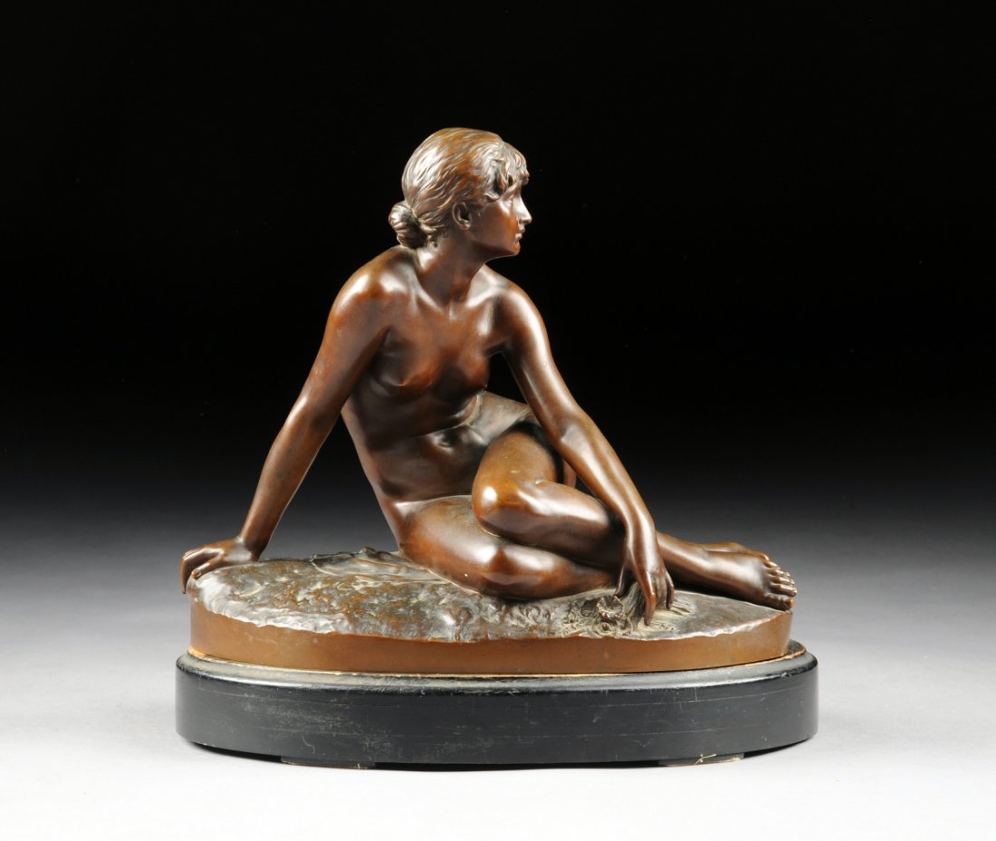 PETER BREUER (German 1856-1930) A BRONZE SCULPTURE, "Sp: PETER BREUER (German 1856-1930) A BRONZE SCULPTURE, "Spring," signed and dated in the bronze 1890. With foundry mark. On plinth base. Height: 12 1/2" Width: 14 1/2" Depth: 9 1/2"