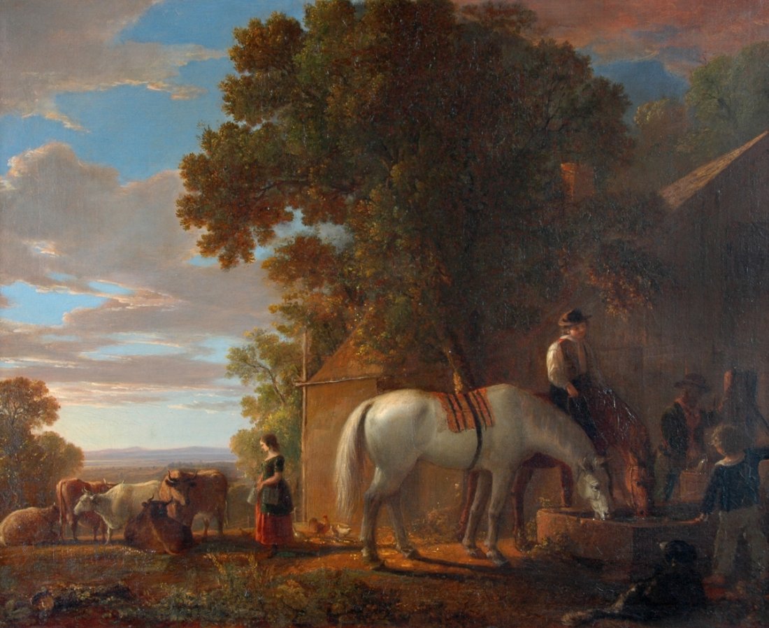 ASHER B. DURAND (American 1796-1886) A PAINTING, "Farmy: ASHER B. DURAND (American 1796-1886) A PAINTING, "Farmyard Evening," oil on canvas. 24" x 30" Framed. Provenance: Private collection, NYC, to Mr. Norman Hirschl, NYC, to Montclair Art Museum, 1966, Mo