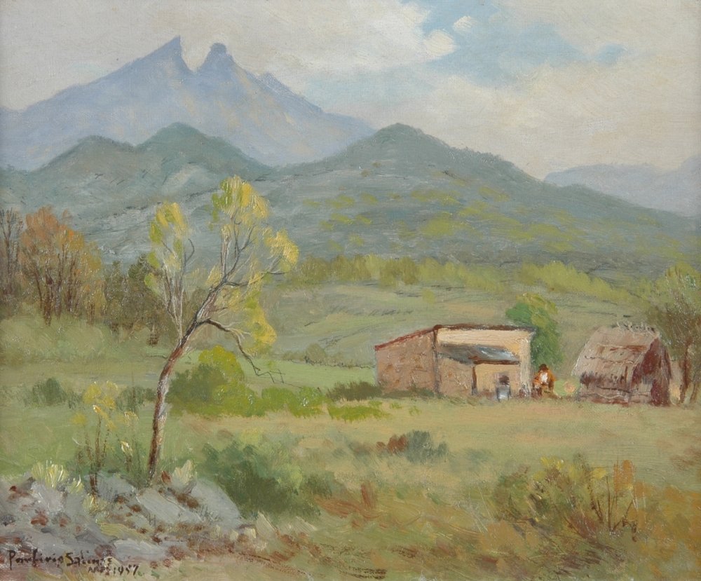 PORFIRIO SALINAS (American/Texas 1910-1973) A PAINTING,: PORFIRIO SALINAS (American/Texas 1910-1973) A PAINTING, "Cerro de la Silla - Saddle Mountain, Monterrey, Mexico," oil on canvas, signed and date 1957 L/L. 8" x 10" Framed.