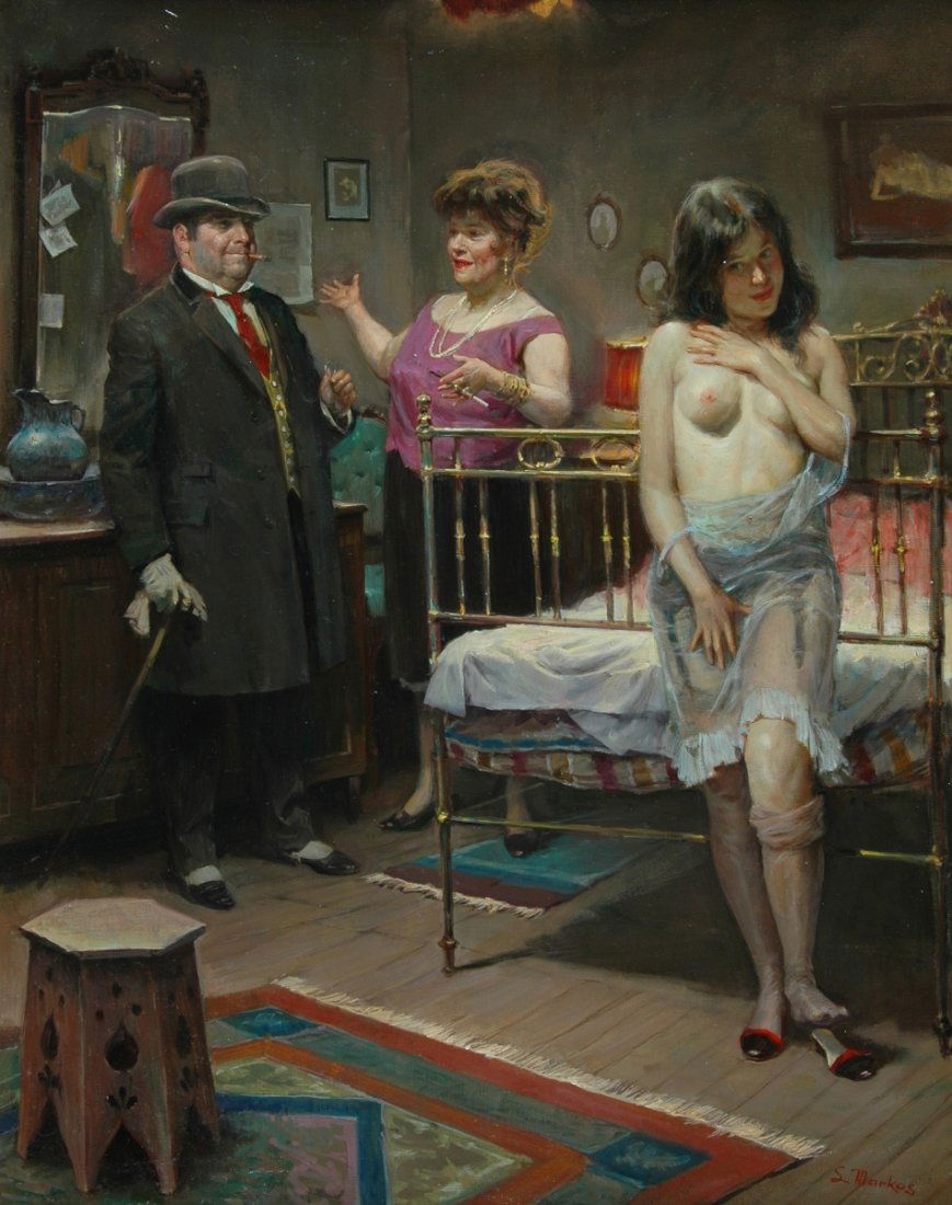 LAJOS MARKOS (Hungarian/American 1917 - 1993) A PAINTIN: LAJOS MARKOS (Hungarian/American 1917 - 1993) A PAINTING, "The New Arrival," oil on canvas, signed L/R and dated 1965 on reverse. 30 1/2" x 24". Framed.