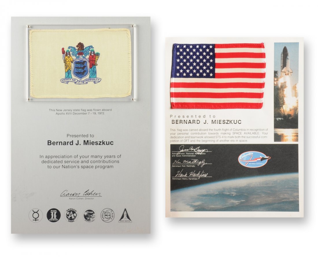 A COLLECTION OF TWO FLOWN NASA SILK PRESENTATION FLAGS,: A COLLECTION OF TWO FLOWN NASA SILK PRESENTATION FLAGS, one American flag presented to Bernard Mieszkuc, carried aboard the fourth flight of Columbia; the other a New Jersey state flag carried aboard 