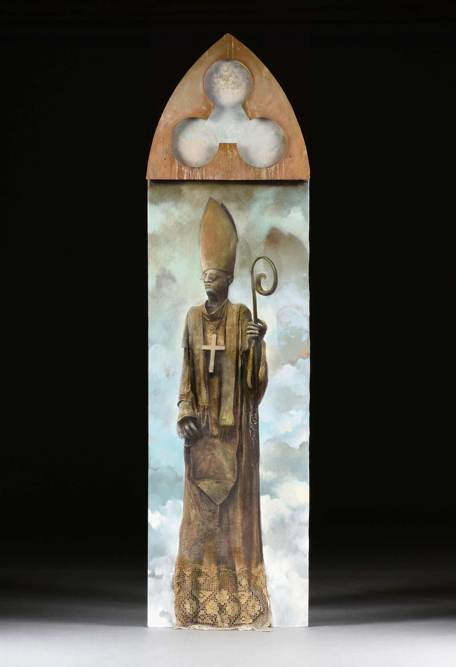 A PAINTING OF A POPE, AMERICAN, 20TH CENTURY,: A PAINTING OF A POPE, AMERICAN, 20TH CENTURY, mixed media with oil on canvas laid down on board with lace applied at bottom and wood at top. 102 1/2 x 26 1/2 in. (260.4 x 67.3 cm.) Provenance: Collect