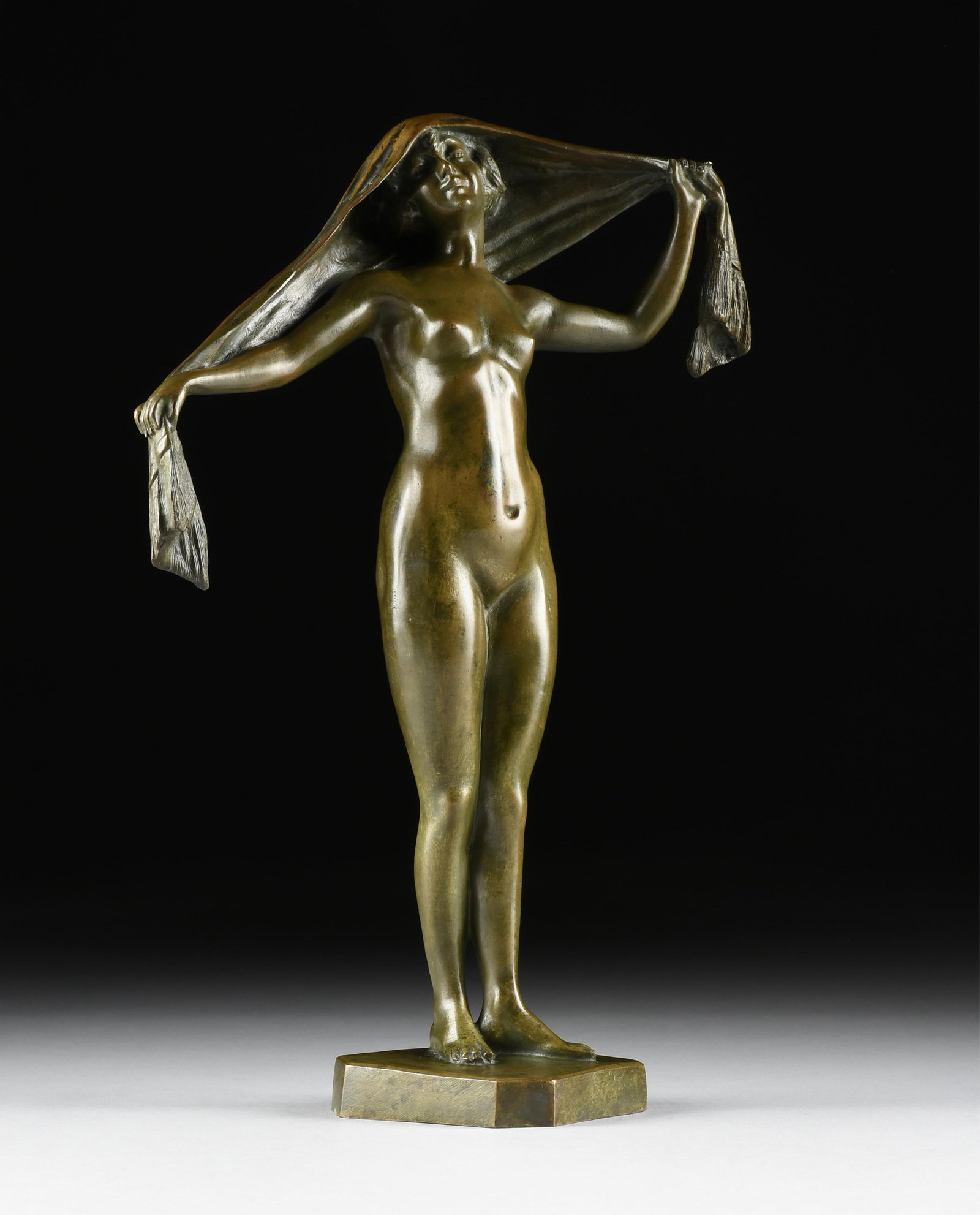 M. FIORUCCI (Italian) "Dancer (Untitled)," EARLY 20TH CENTURY,: M. FIORUCCI (Italian) "Dancer (Untitled)," EARLY 20TH CENTURY, bronze with gold and green patina, with the cast signature at base, "M. Fiorucci." 19 x 13 x 5 1/2 in. (48.3 x 33 x 14 cm.) Provenance: E