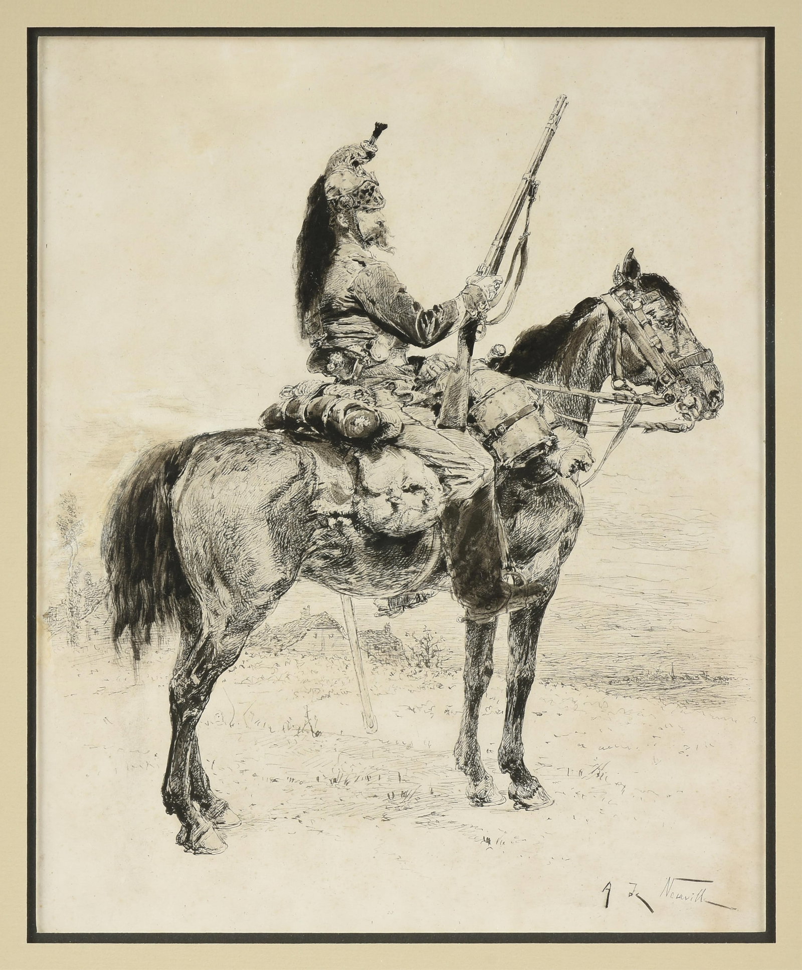 ALPHONSE-MARIE-ADOLPHE DE NEUVILLE (French 1835-1885) Soldier on Horseback, MID 19TH CENTURY,: ALPHONSE-MARIE-ADOLPHE DE NEUVILLE (French 1835-1885) Soldier on Horseback, MID 19TH CENTURY, pen and ink on paper, signed lower right, "A de Neuville." 12 1/4 x 10 in. (31.1 x 25.4 cm.), Frame: 20 1/