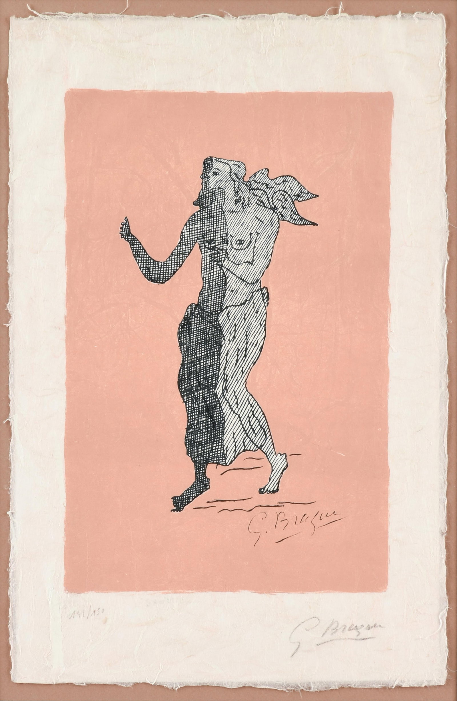 GEORGES BRAQUE (French 1882-1963) Personage sur Fond Rose, MID 20TH CENTURY,: GEORGES BRAQUE (French 1882-1963) Personage sur Fond Rose, MID 20TH CENTURY, lithograph on pink toned japon nacré paper, signed in pencil lower right, "G Braque," and numbered lower left, "148/15