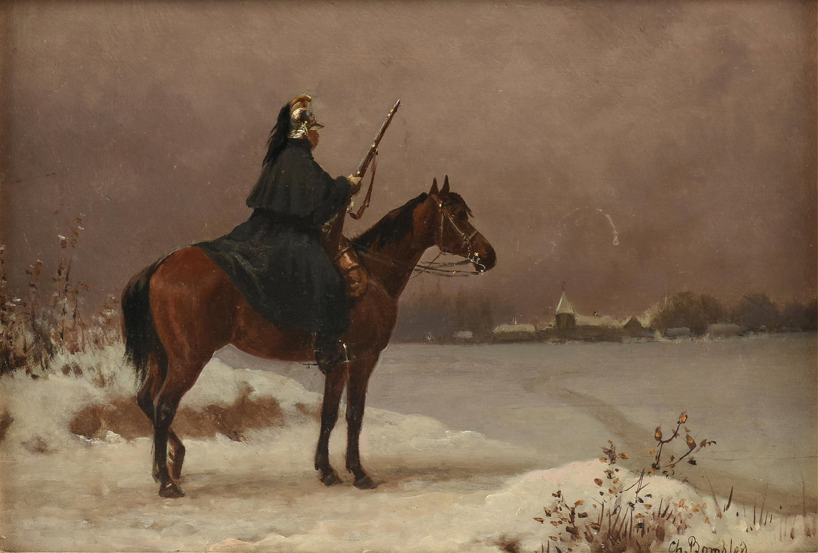 LOUIS CHARLES BOMBLED (French 1862-1927) The Night Watch, 19TH/20TH CENTURY.: LOUIS CHARLES BOMBLED (French 1862-1927) The Night Watch, 19TH/20TH CENTURY. oil on panel, signed lower right, "Ch Bombled." 7 1/4 x 10 5/8 in. (18.4 x 27 cm.), Frame: 12 1/2 x 15 5/8 in. (31.8 x 39.7