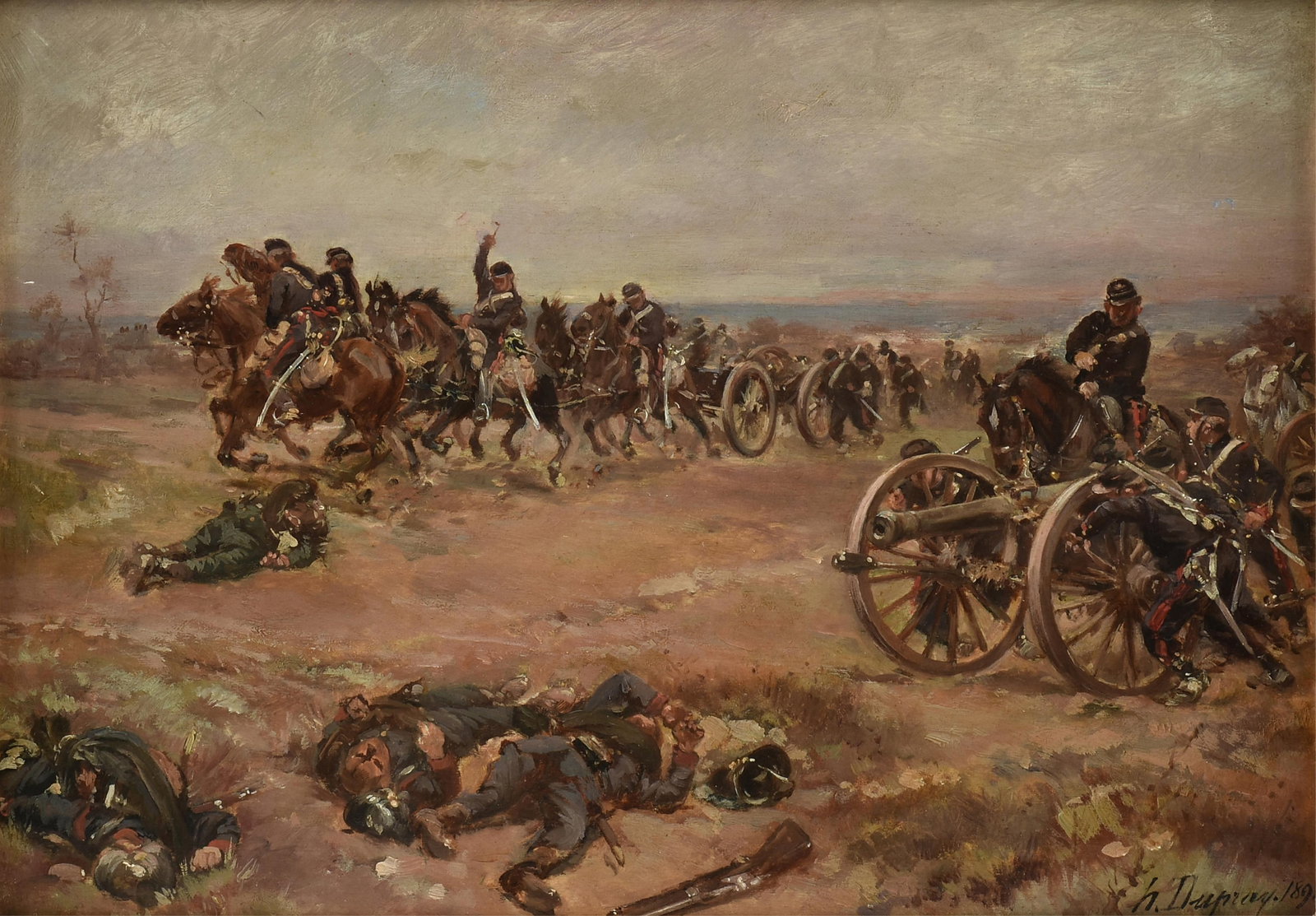 HENRI-LOUIS DUPRAY (French 1841-1909) Cannons and Cavalry in Battle, 1892,: HENRI-LOUIS DUPRAY (French 1841-1909) Cannons and Cavalry in Battle, 1892, oil on panel, signed lower right, "h. Dupray. 1892." 9 1/4 x 12 7/8 in. (23.5 x 32.7 cm.), Frame: 14 5/8 x 18 1/4 in. (37.1 x
