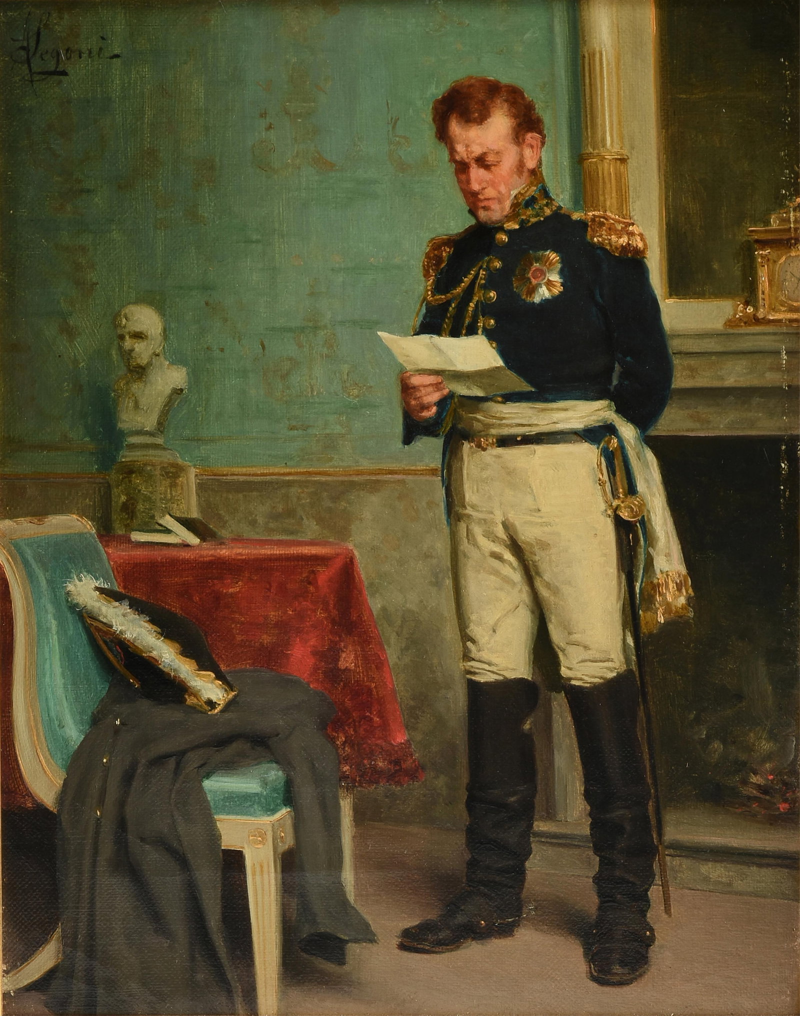 ALCIDE SEGONI (Italian 1847-1894) Soldier Reading a Letter, 19TH CENTURY,: ALCIDE SEGONI (Italian 1847-1894) Soldier Reading a Letter, 19TH CENTURY, oil on canvas, signed upper left, "A Segoni." 10 x 7 3/4 in. (25.4 x 19.7 cm.), Frame: 17 x 15 in. (43.2 x 38.1 cm.) Provenanc