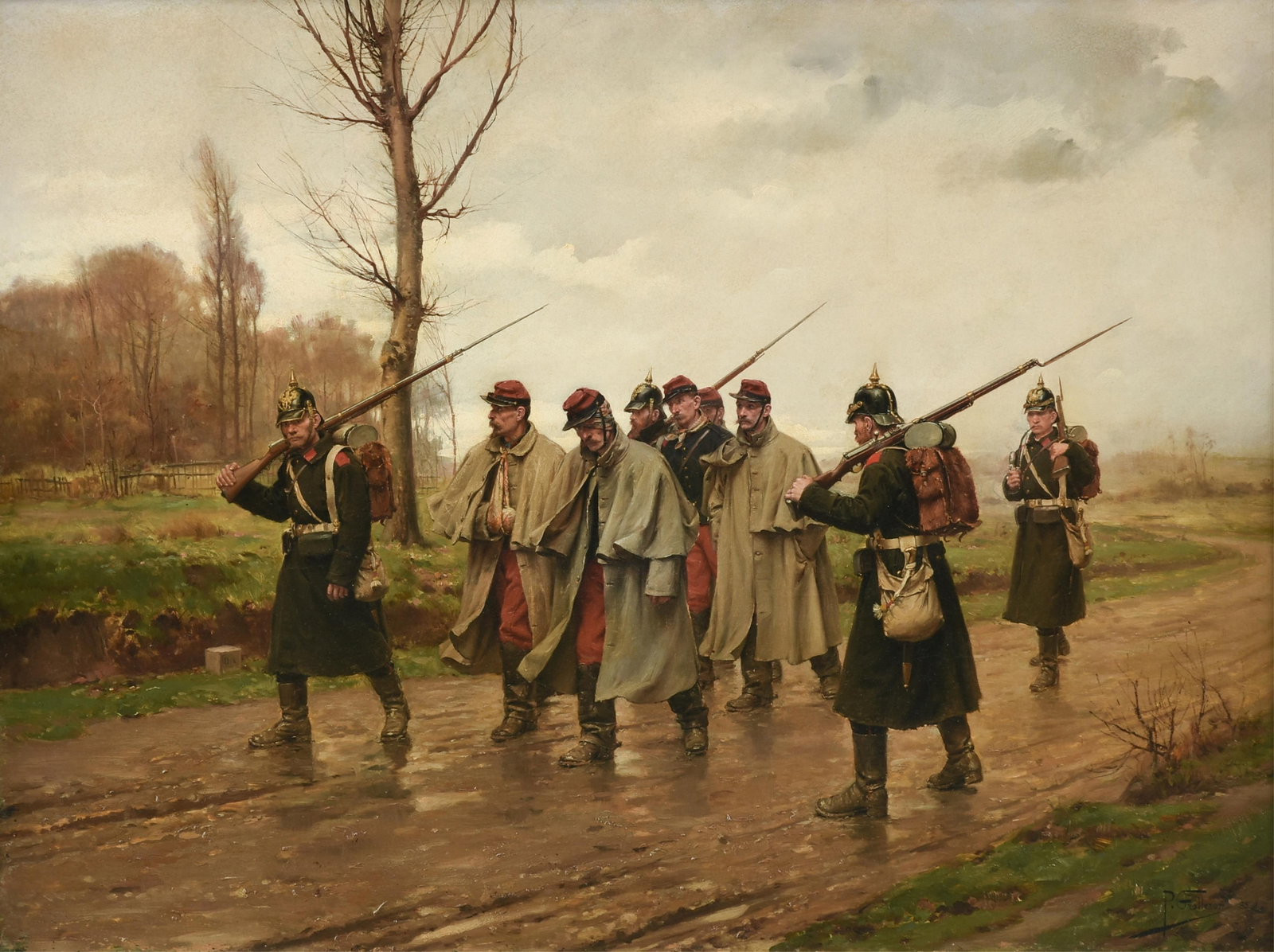 PAUL LOUIS NARCISSE GROLLERON (French 1848-1901) "Wounded Soldiers on the March," 1885,: PAUL LOUIS NARCISSE GROLLERON (French 1848-1901) "Wounded Soldiers on the March," 1885, oil on board, signed and dated lower right, "P. Grolleron 85." 24 x 32 in. (61 x 81.3 cm.), Frame: 32 1/2 x 40 1