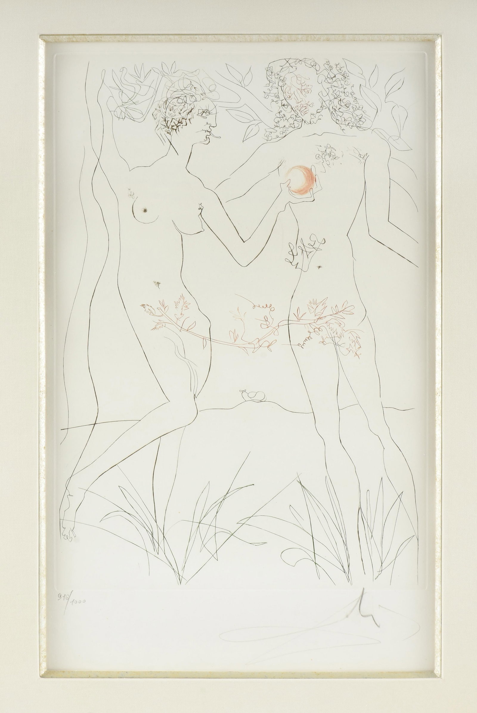 SALVADOR DALI (Spanish 1904-1989) Adam and Eve, 1972,: SALVADOR DALI (Spanish 1904-1989) Adam and Eve, 1972, etching on wove paper, signed lower right, "Dali," and numbered lower left, "916/1000," from the Famous Loves suite, with a label on reverse backi