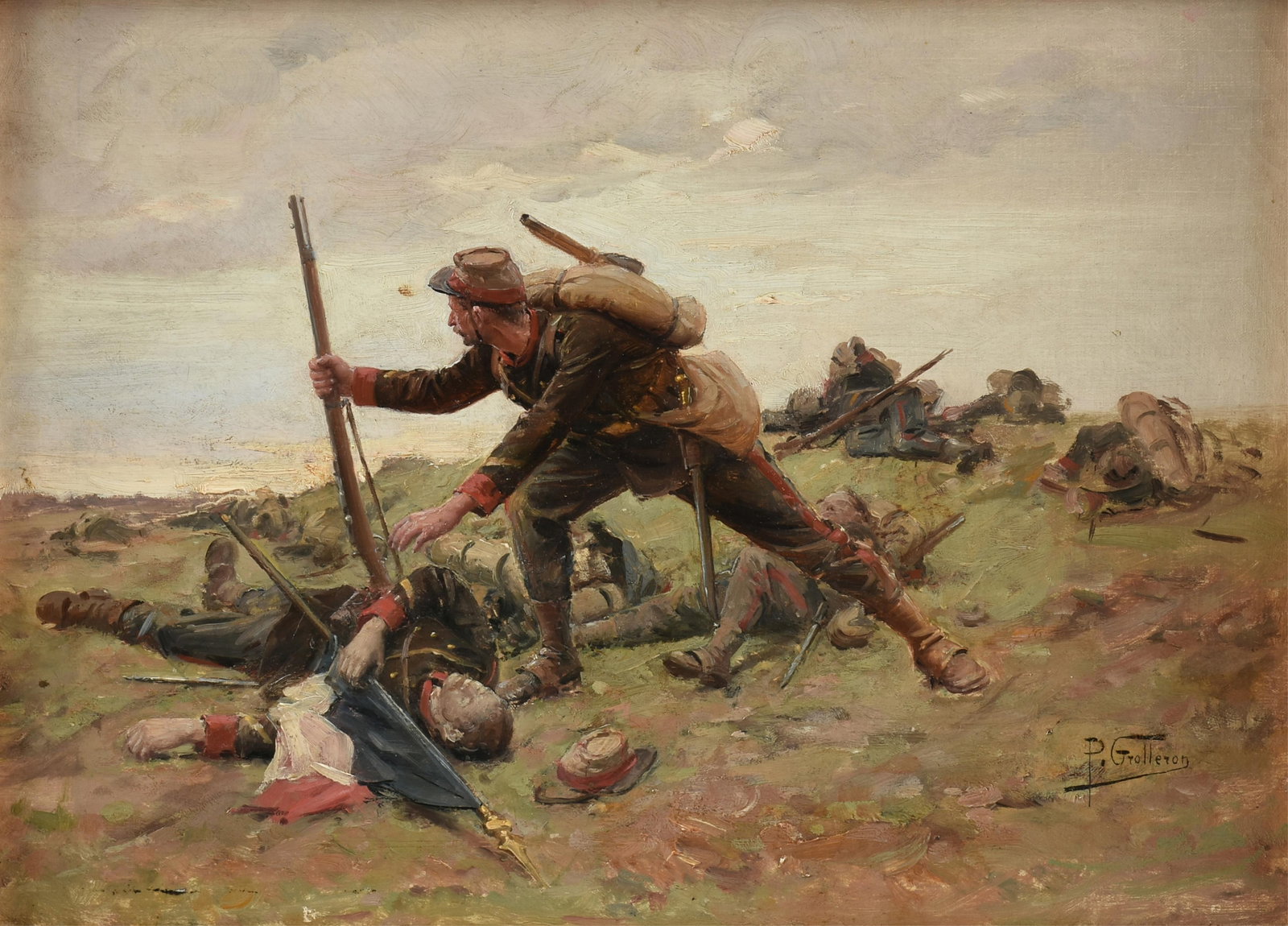 PAUL LOUIS NARCISSE GROLLERON (French 1848-1901) Soldier Retrieving the Flag from a Fallen Standard (1 of 13)
