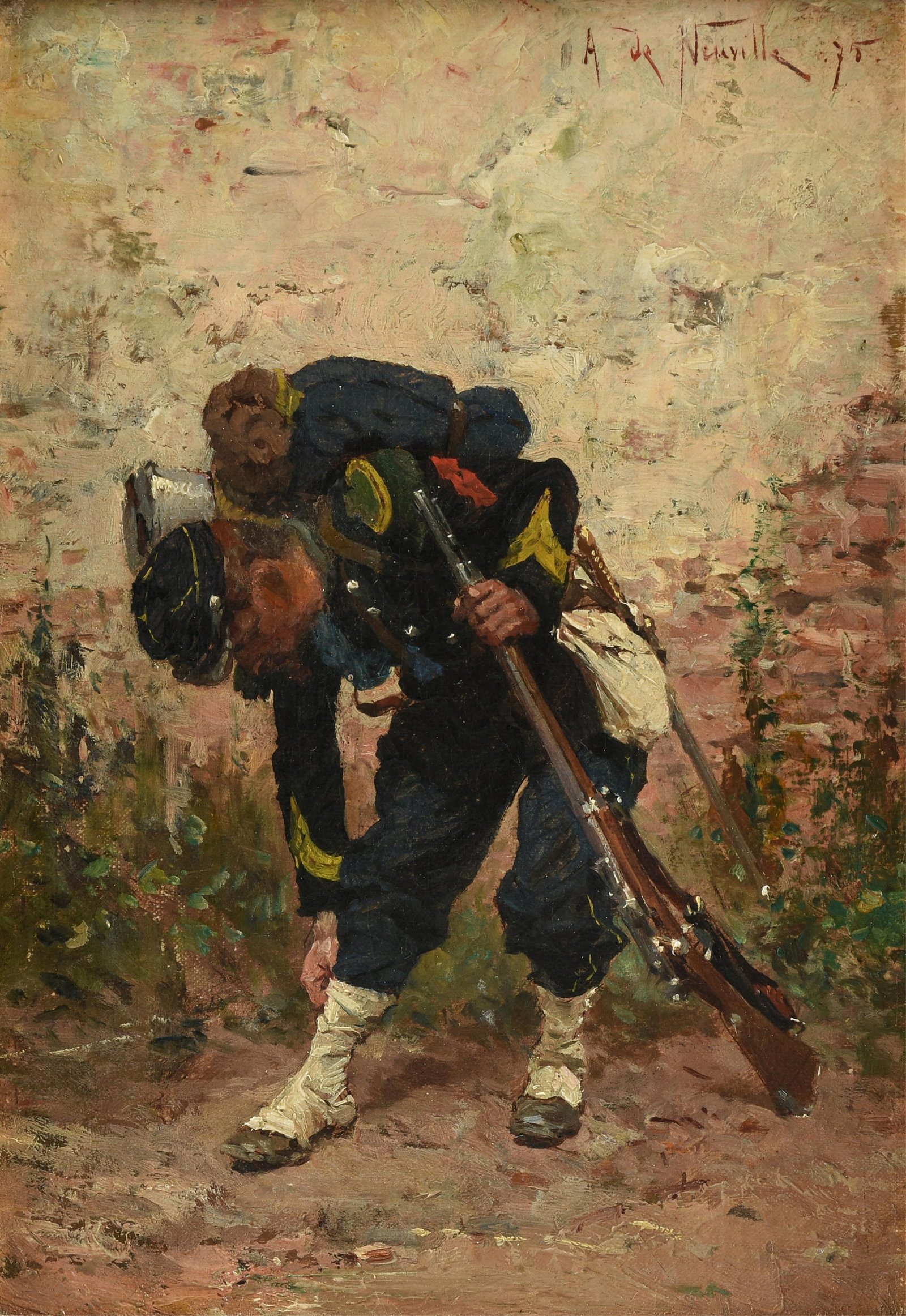 ALPHONSE-MARIE-ADOLPHE DE NEUVILLE (French 1835-1885) Soldier Adjusting his Boot, 1875, (1 of 9)