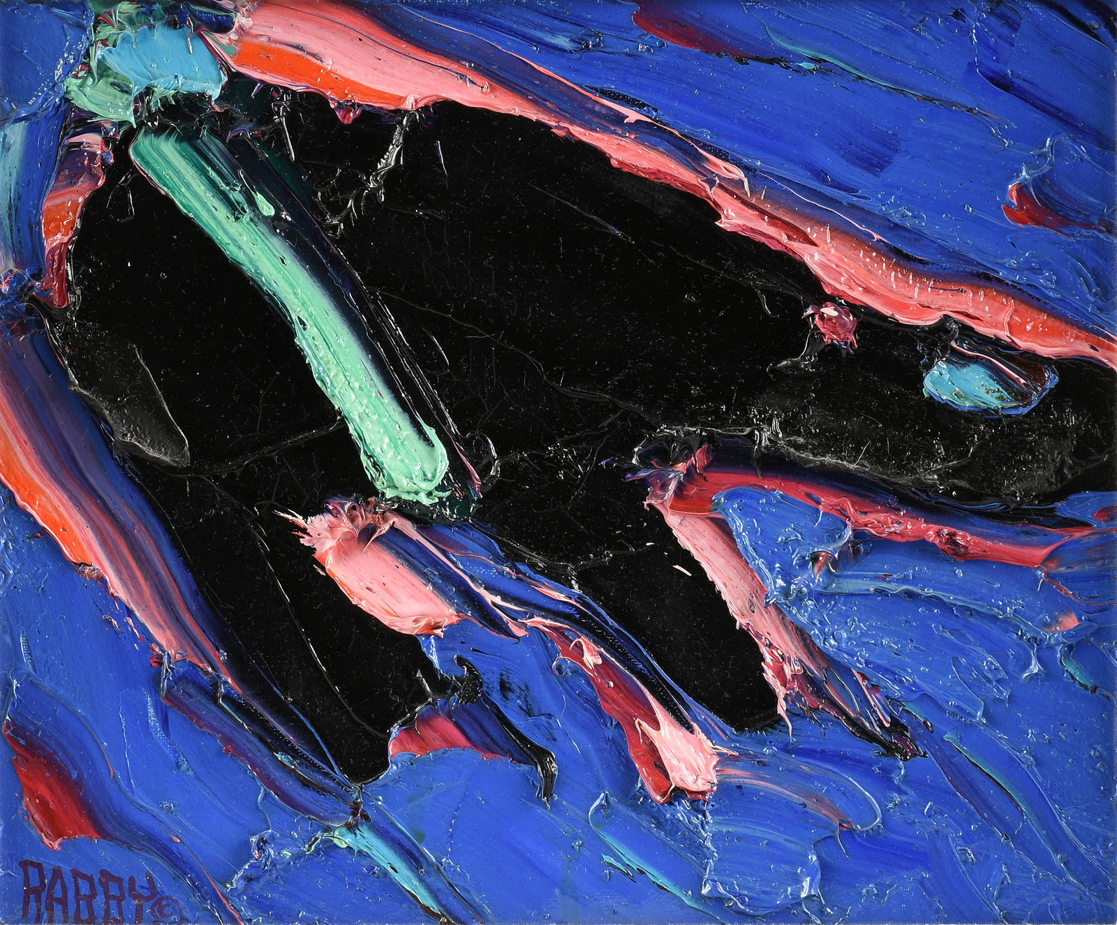 JIM RABBY (American/Texas b. 1947) Midnight Fetish Complete with Aura, 1987,: JIM RABBY (American/Texas b. 1947) Midnight Fetish Complete with Aura, 1987, oil on canvas, signed lower left, "RABBY," titled, signed, and dated on stretcher, "Midnight Fettish Complete with Aura