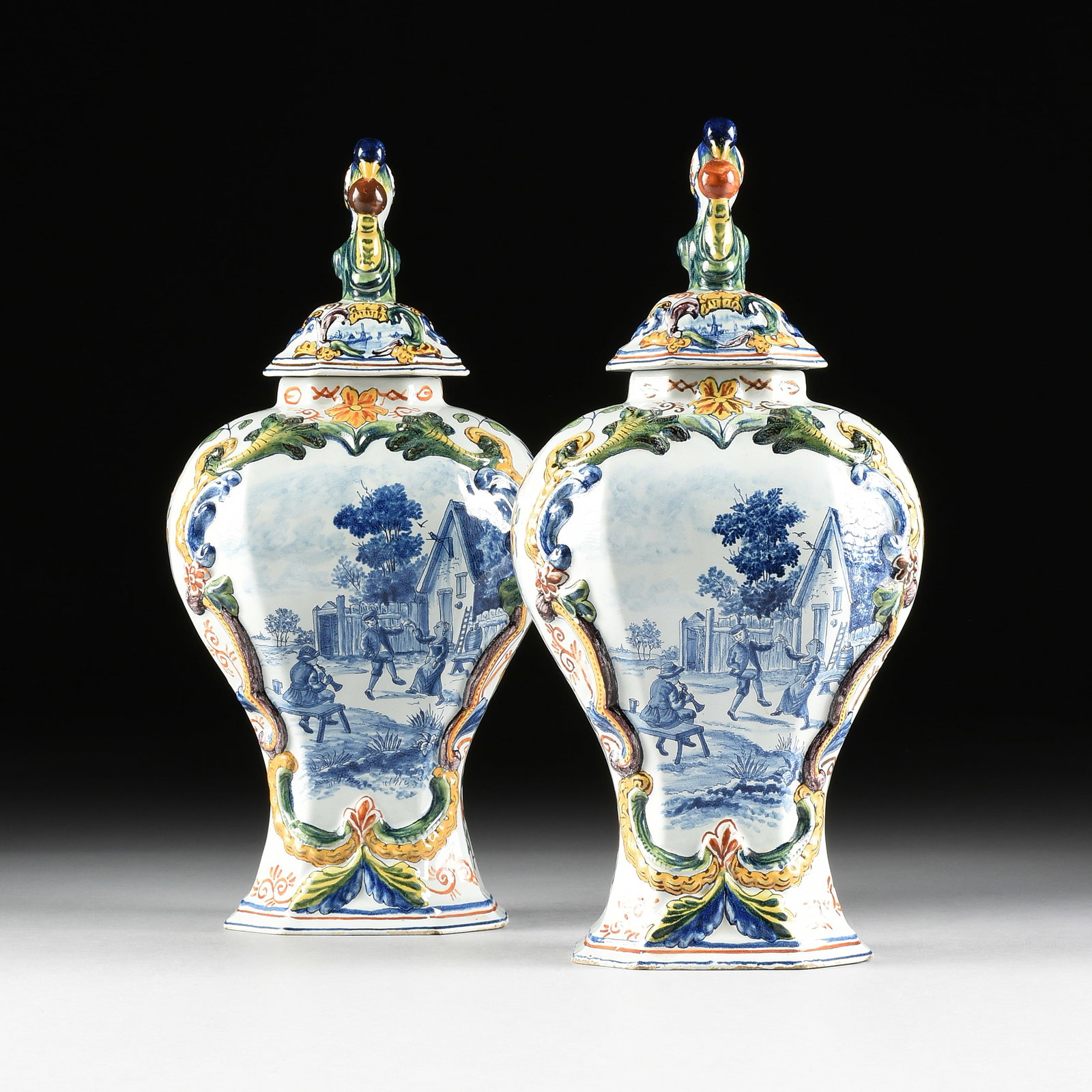 A PAIR OF TICHELAAR MAKKUM DELFTWARE BALUSTER VASES, DUTCH, SECOND HALF 19TH CENTURY, (1 of 14)