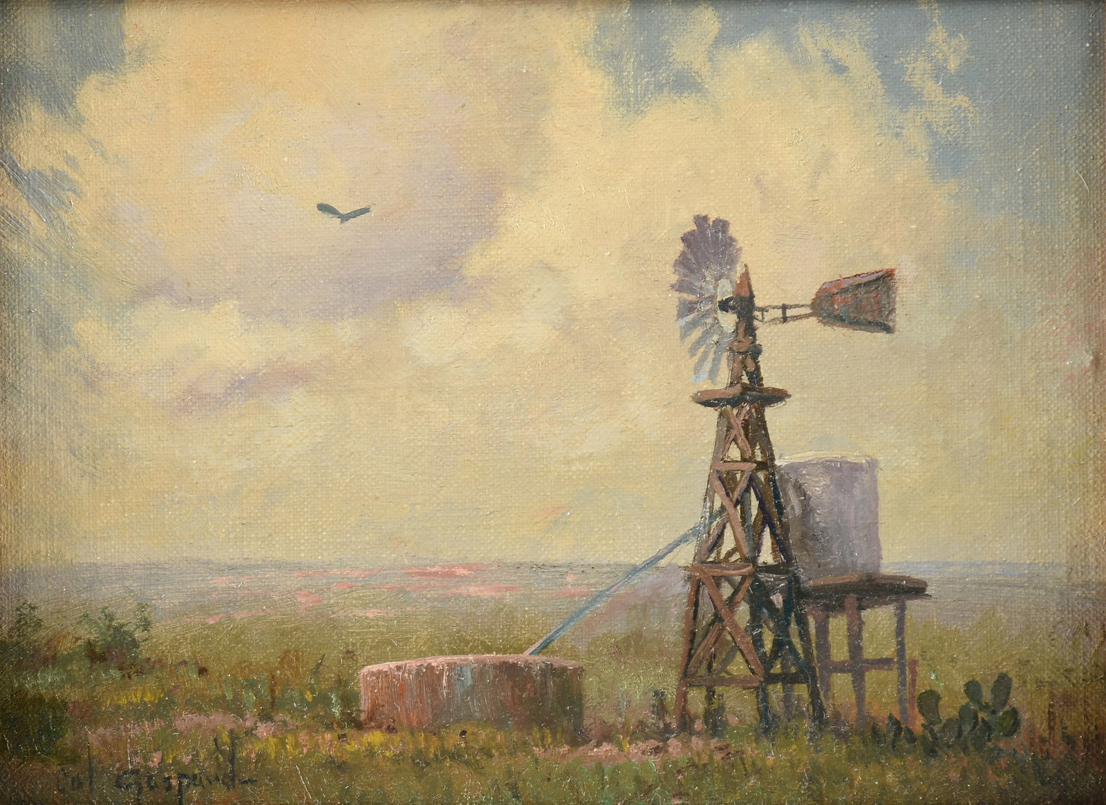 CAL GASPARD (American/Texas b. 1934) Windmill on the Prairie, 2003,: CAL GASPARD (American/Texas b. 1934) Windmill on the Prairie, 2003, oil on canvas board, signed lower left, "Cal Gaspard," also dated and signed on reverse, "Dec. 2003 / From Cal Gaspard." 6 x 8 in.