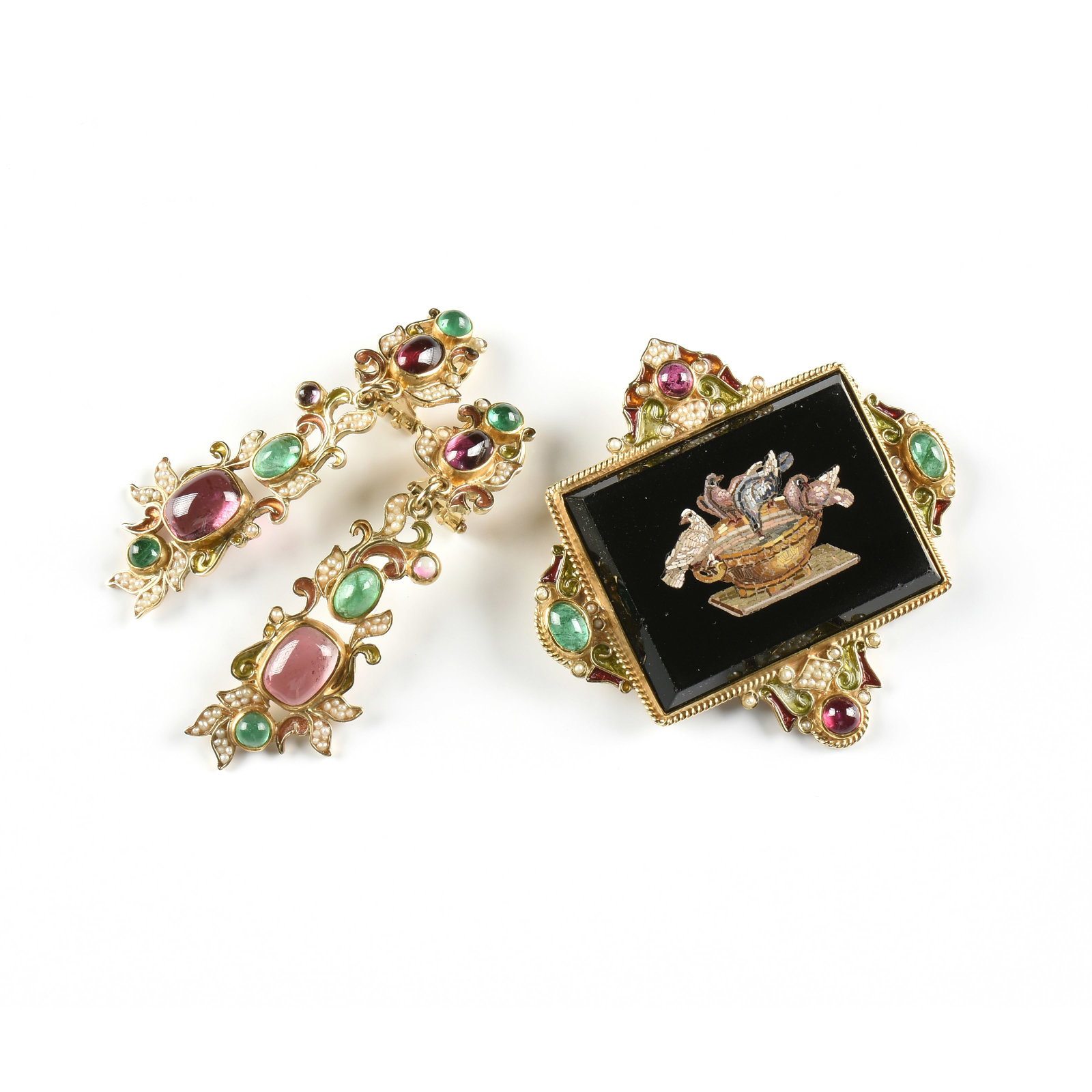 A THREE-PIECE PERCOSSI PAPI 18K GOLD BROOCH AND EARRINGS SET, ITALIAN,: A THREE-PIECE PERCOSSI PAPI 18K GOLD BROOCH AND EARRINGS SET, ITALIAN, 18k yellow gold coordinating set, including a micro-mosaic brooch with birds, emerald and ruby cabochons, seed pearls, and enamel