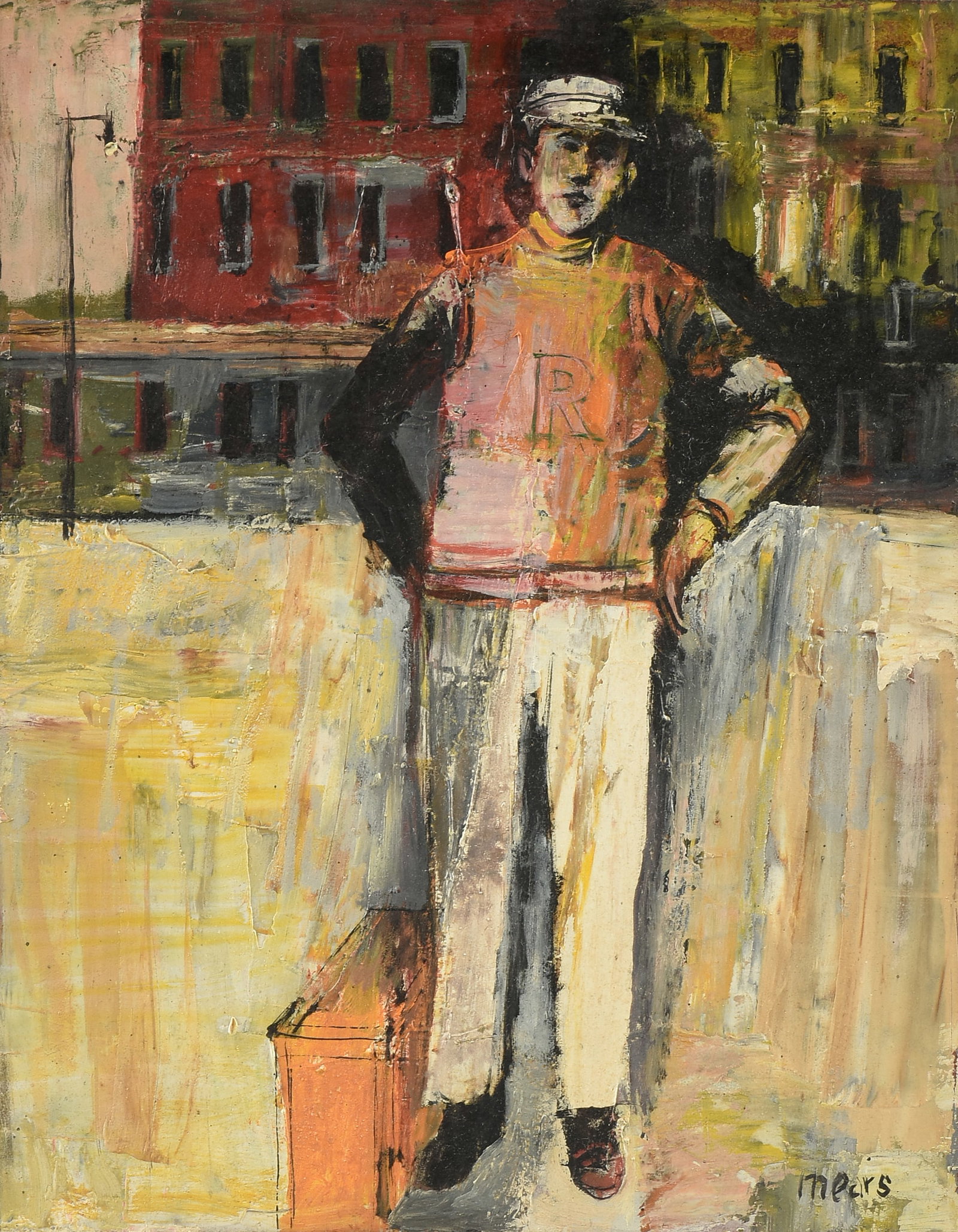 HERB MEARS (American/Texas 1923-1999) Standing Man (Untitled), 1960s,: HERB MEARS (American/Texas 1923-1999) Standing Man (Untitled), 1960s, oil on panel, signed lower right, "Mears." 10 1/8 x 8 in. (25.7 x 20.3 cm.), Frame: 11 3/8 x 9 1/8 in. (28.9 x 23.2 cm.)