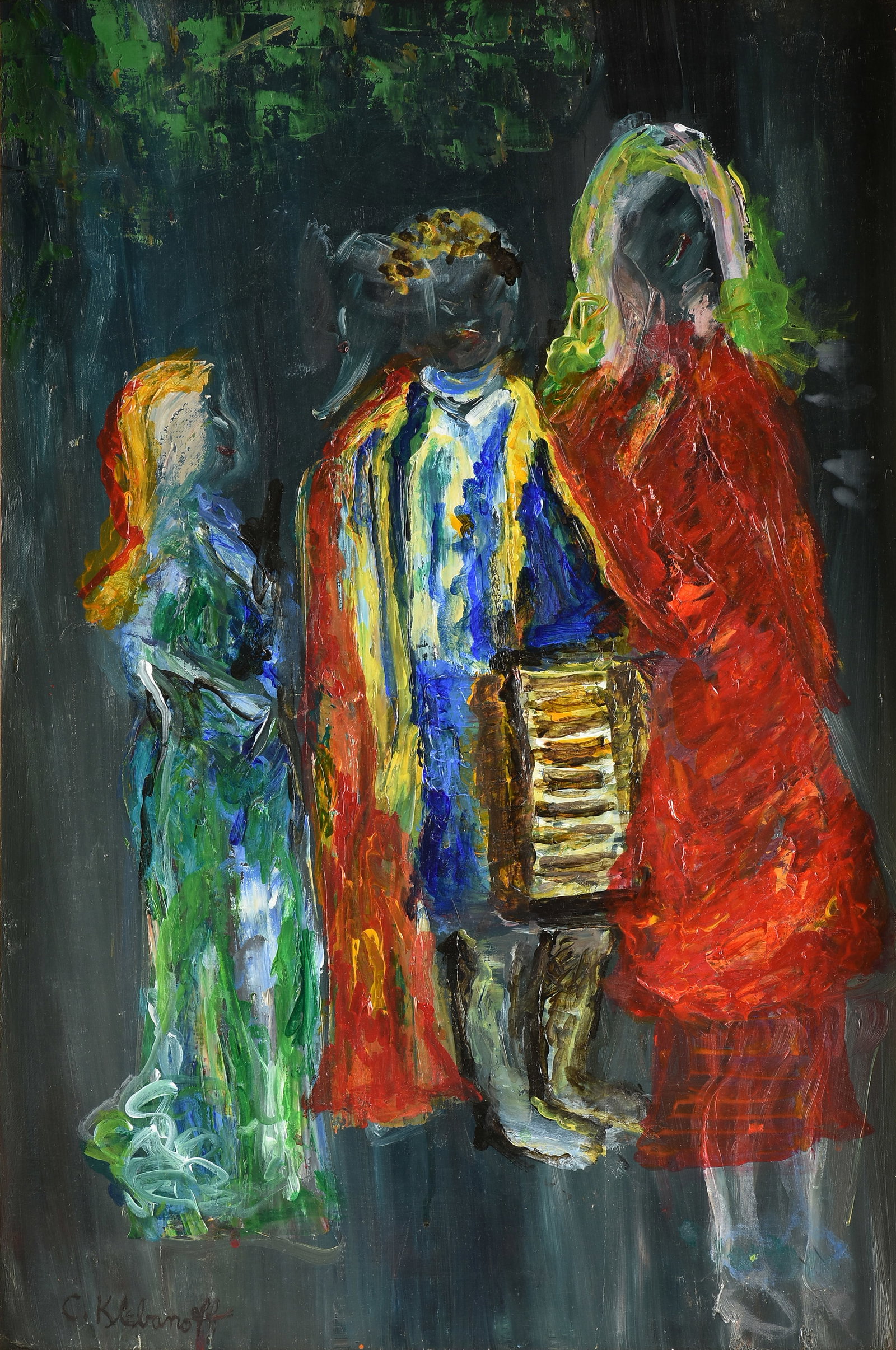 CHARLOTTE KLEBANOFF (American/Texas 1925-2026) Three Figures (Untitled), 21ST CENTURY,: CHARLOTTE KLEBANOFF (American/Texas 1925-2026) Three Figures (Untitled), 21ST CENTURY, oil on canvas, signed lower left, "C. Klebanoff." 24 x 16 in. (61 x 40.6 cm.), Frame: 28 x 20 in. (71.1 x 50.8 cm