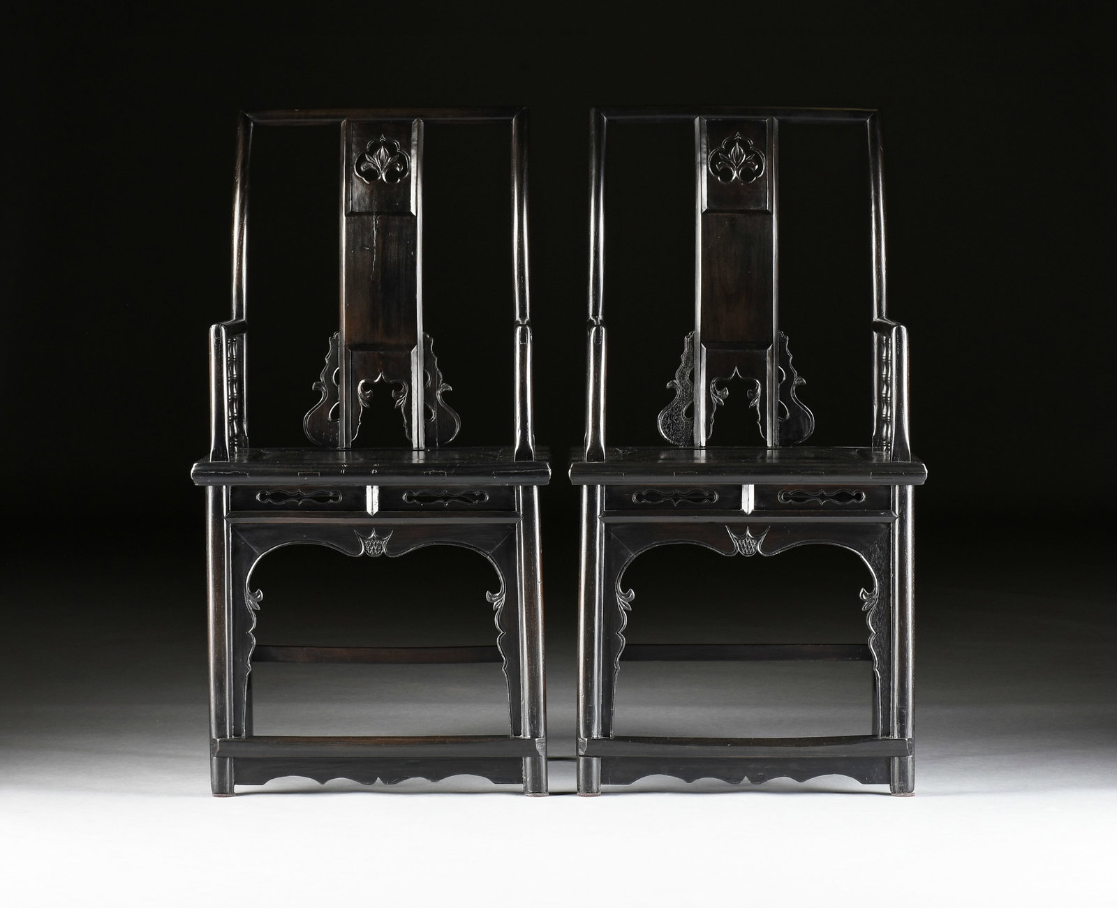 A PAIR OF EBONIZED ARMCHAIRS, CHINESE, 20TH CENTURY, (1 of 6)