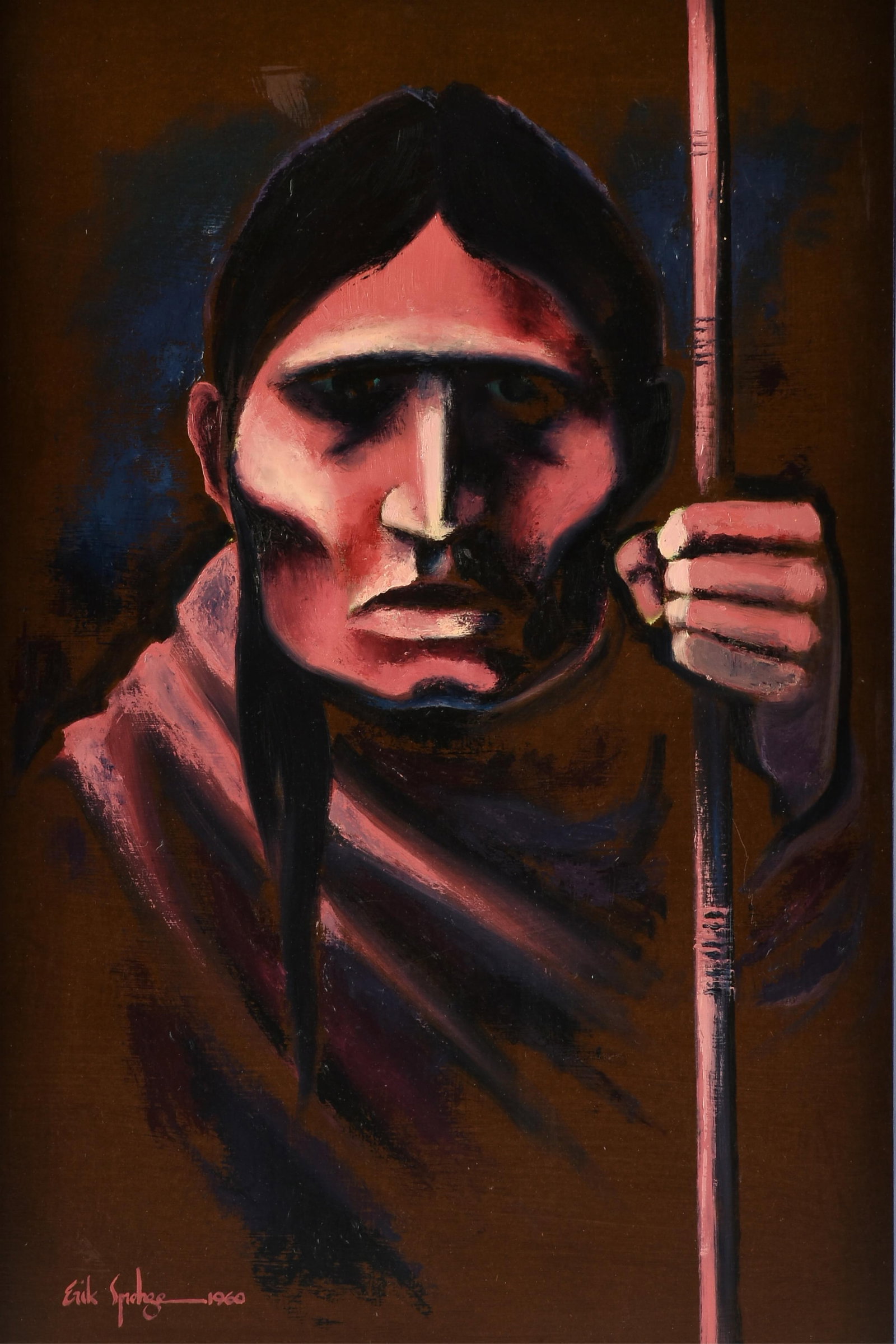 ERIK SPROHGE (American b. 1932) Native Man (Untitled), 1960,: ERIK SPROHGE (American b. 1932) Native Man (Untitled), 1960, oil on board, signed and dated lower left, "Erik Sprohge - 1960." 35 1/2 x 23 1/2 in. (90.2 x 59.7 cm.), Frame: 37 1/2 x 25 1/4 in. (95.3 x