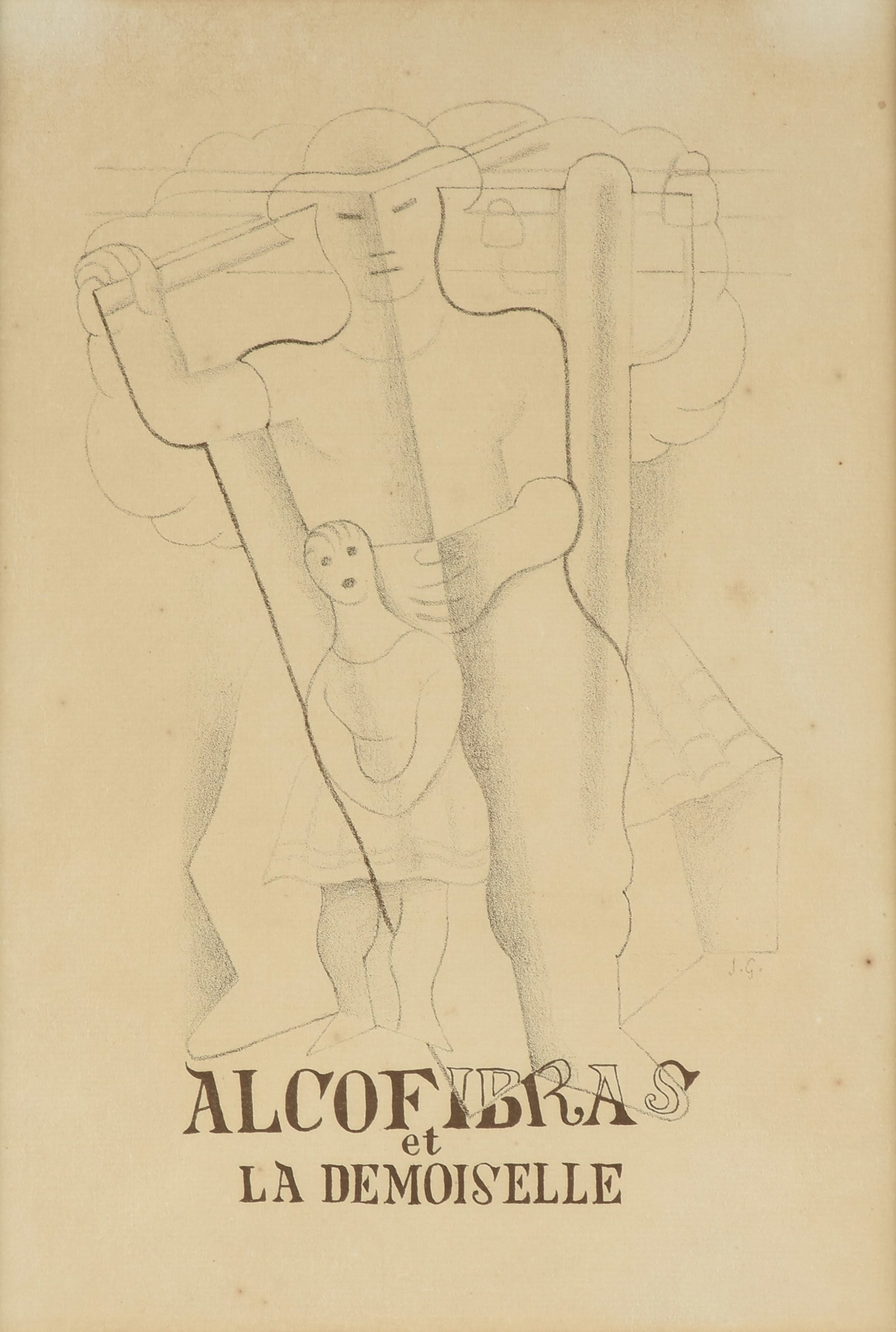 JUAN GRIS (Spanish 1887-1927) Alcofibras et la Desmoiselle, 1921,: JUAN GRIS (Spanish 1887-1927) Alcofibras et la Desmoiselle, 1921, lithograph on toned laid paper, initialed in the plate, an illustration from the book, Ne Couper Pas Mademoiselle ou les Erreurs de P.