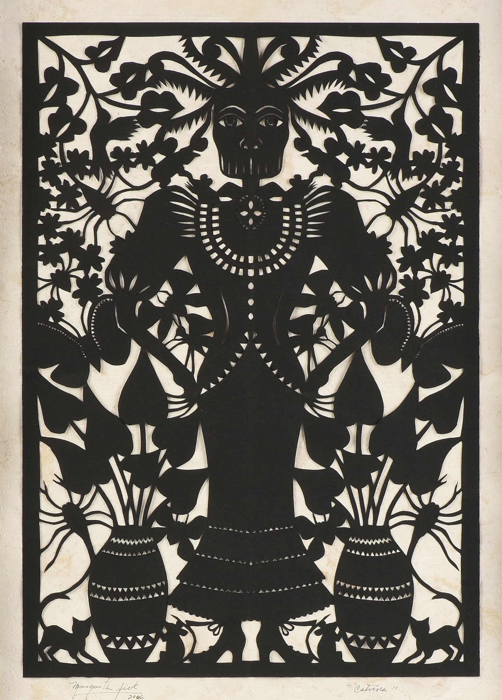 MARGARITA FICK (Mexican) Catrina, 2006: MARGARITA FICK (Mexican) Catrina, 2006 paper cut work, signed and dated lower left, "Margarita Fick 2006," and titled lower right. 23 x 15 in. (58.4 x 38.1 cm.), Frame: 26 x 18 1/4 in. (66 x 46.4 cm.)