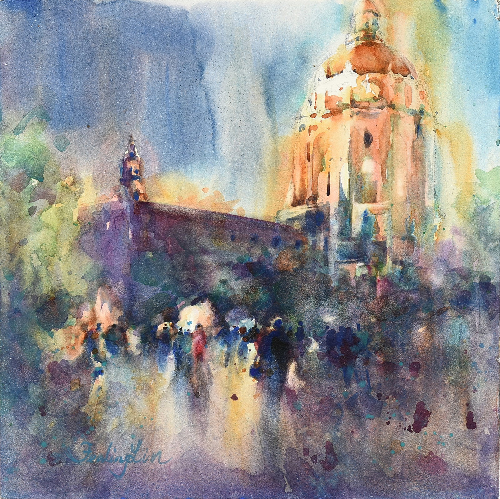 FEALING LIN (Taiwanese/American) Pasadena City Hall, 21ST CENTURY,: FEALING LIN (Taiwanese/American) Pasadena City Hall, 21ST CENTURY, watercolor on card laid on panel, signed lower left, "Fealing Lin." 12 x 12 in. (30.5 x 30.5 cm.) Provenance: Collection of Jordan Ch