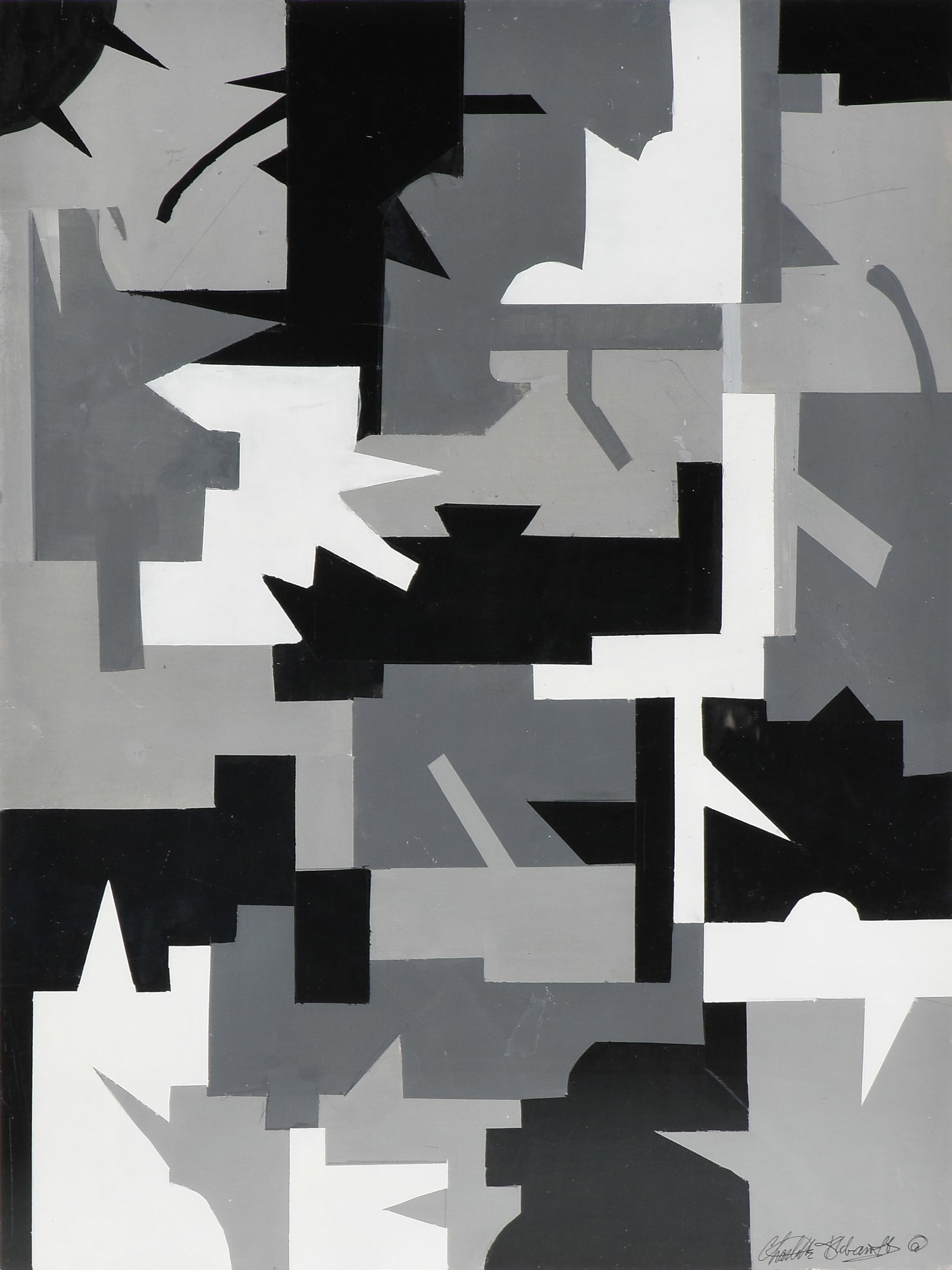 CHARLOTTE KLEBANOFF (American/Texas 1925-2026) Study in Black, White, and Gray (Untitled), 21ST: CHARLOTTE KLEBANOFF (American/Texas 1925-2026) Study in Black, White, and Gray (Untitled), 21ST CENTURY, acrylic on paper, signed lower right, "Charlotte Klebanoff ©." 24 x 18 in. (61 x 45.7 cm.)