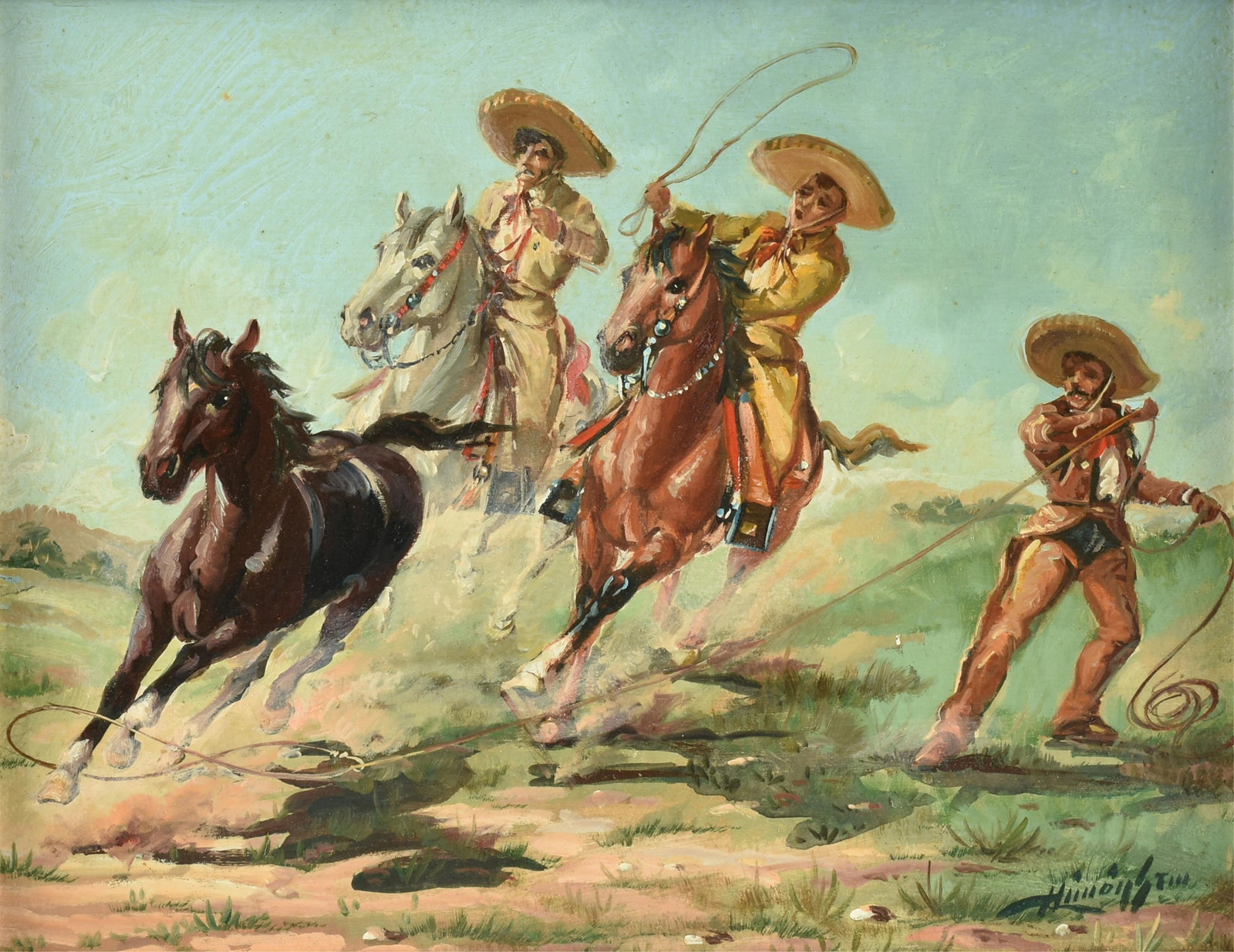 HUMBERTO LIMÓN SALAZAR (Mexican b. 1931) Lassoing a Wild Horse (Untitled), Circa 1960,: HUMBERTO LIMÓN SALAZAR (Mexican b. 1931) Lassoing a Wild Horse (Untitled), Circa 1960, oil on board, signed lower right, "H Limon Salazar." 8 x 10 1/4 in. (20.3 x 26 cm.), Frame: 14 x 16 1/4 in. 