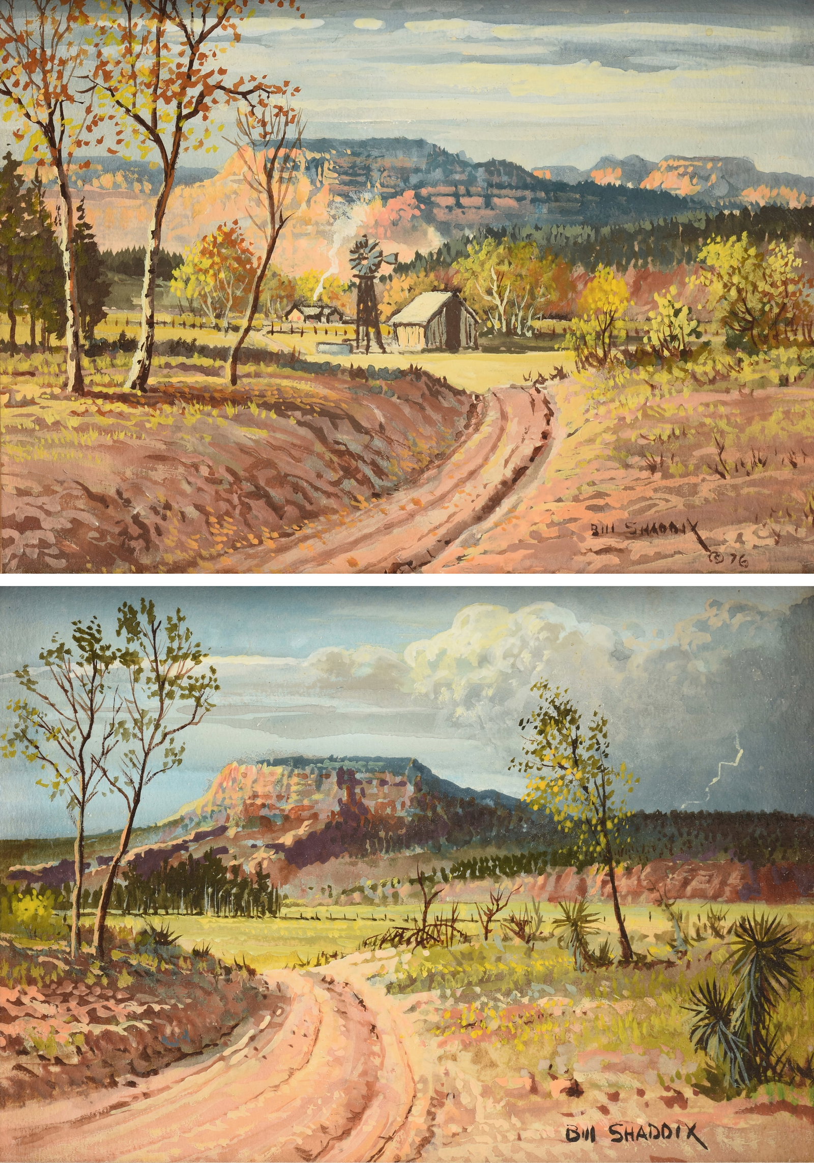 BILL SHADDIX (American b. 1931) A PAIR OF PAINTINGS Red Rock Autumn, and Sedona Storm, 1976, (1 of 15)