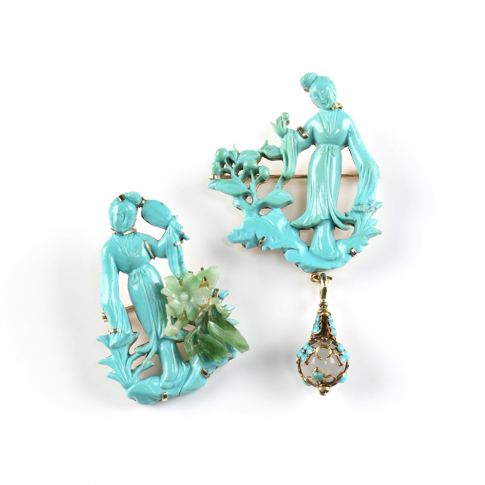 A PAIR OF 14K GOLD, TURQUOISE, AND JADE BROOCHES, (1 of 6)