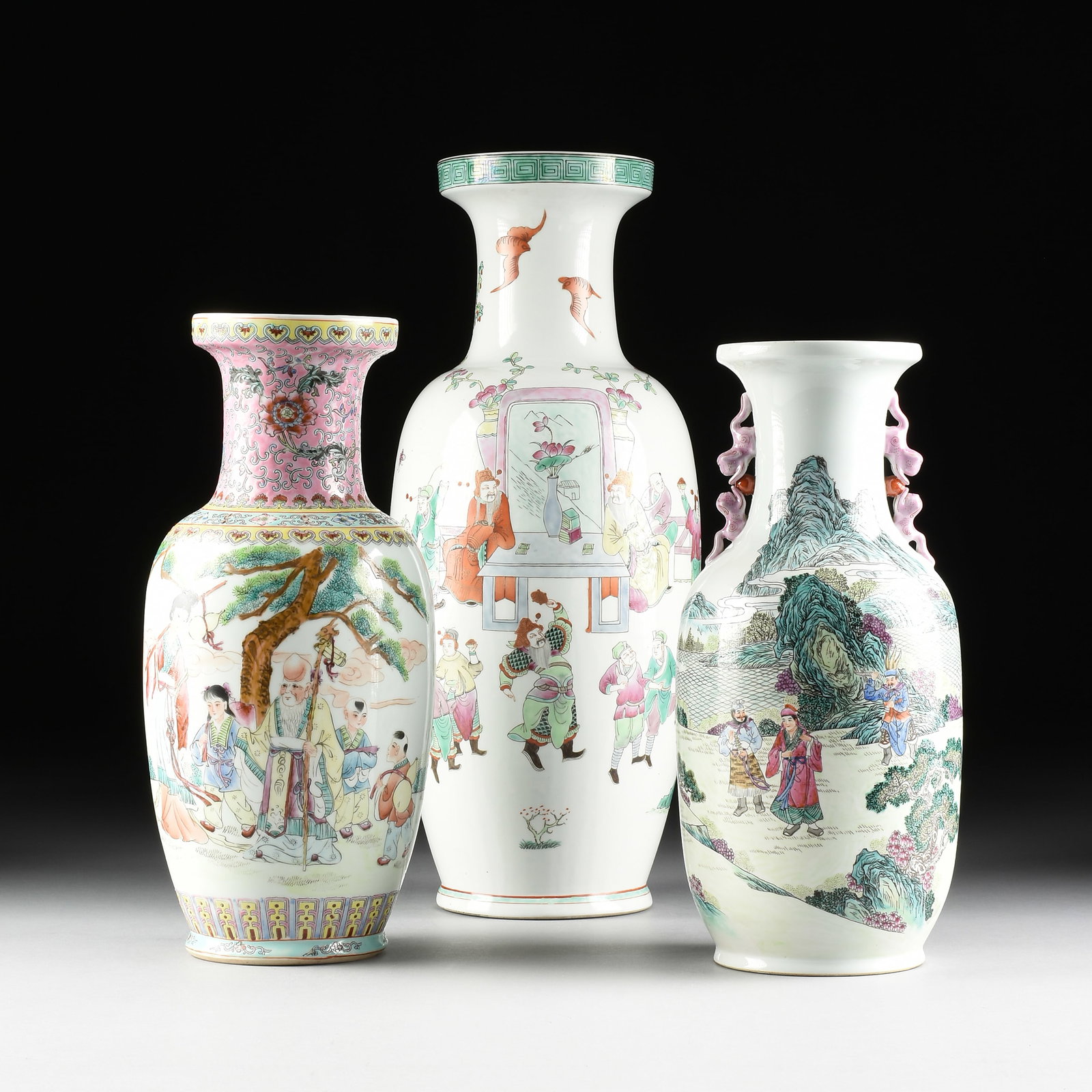 THREE FAMILLE ROSE STYLE PORCELAIN VASES, CHINESE, MID 20TH CENTURY, (1 of 15)
