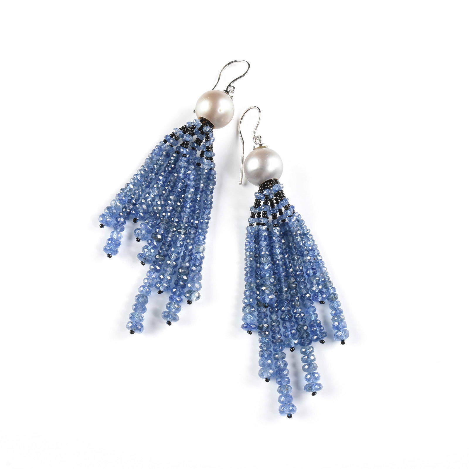 A PAIR OF STERLING SILVER, PEARL, SAPPHIRE, AND ONYX TASSEL EARRINGS, (1 of 2)