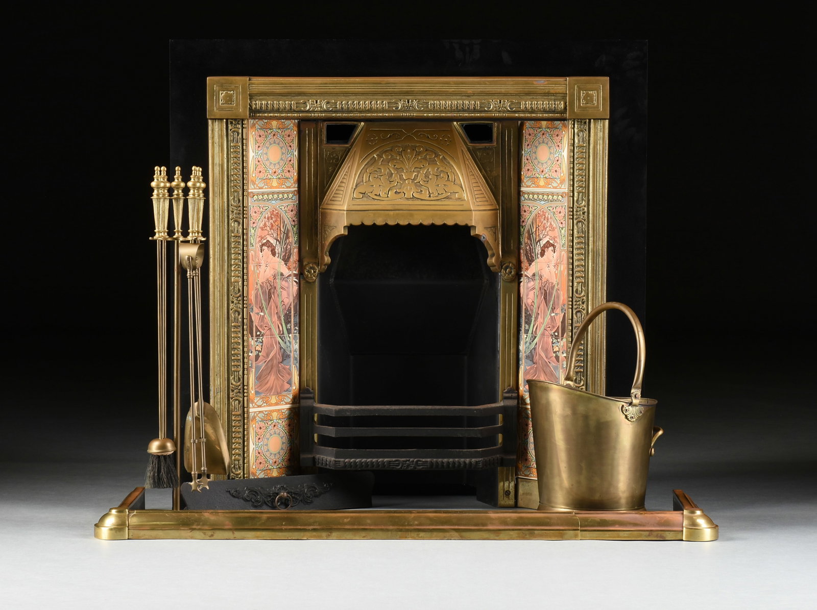 A STOVAX FIREPLACE INSERT, ART NOUVEAU STYLE TILES, AND ACCESSORIES, BRITISH, 1990s, (1 of 10)