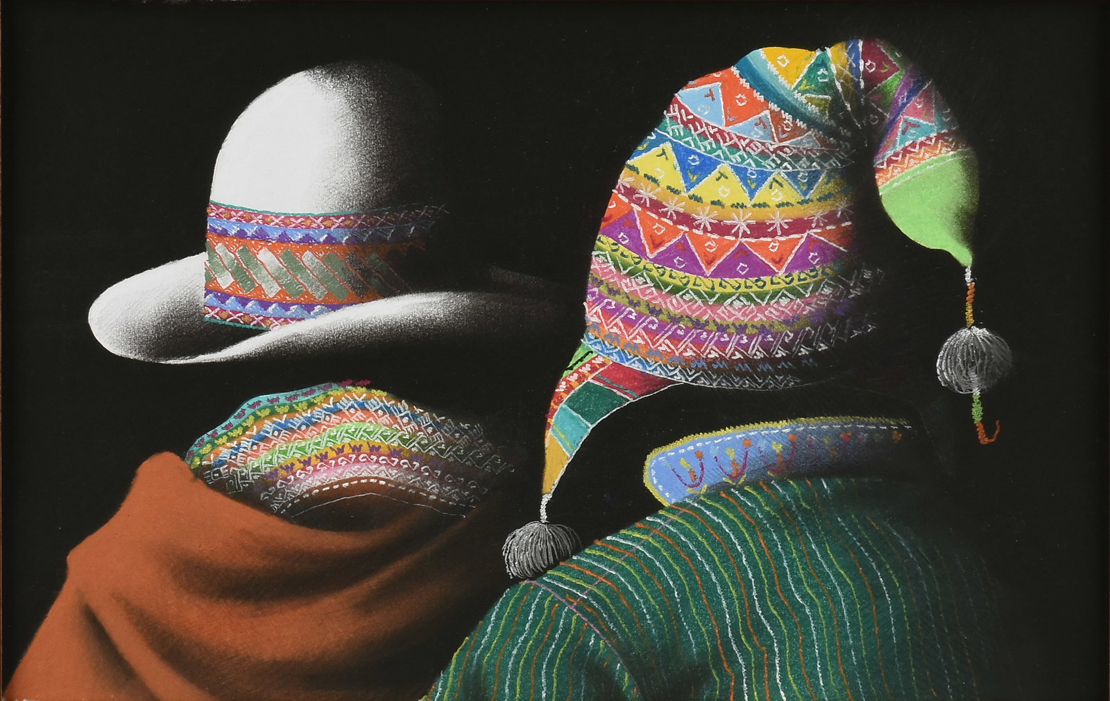 EUSEBIO CHOQUE (Bolivian b. 1962) Two Figures (Untitled), 21ST CENTURY,: EUSEBIO CHOQUE (Bolivian b. 1962) Two Figures (Untitled), 21ST CENTURY, oil pastel on paper. Sight: 13 1/2 x 21 in. (34.3 x 53.3 cm.), Frame: 22 3/4 x 30 1/2 in. (57.8 x 77.5 cm.) Provenance: Private 