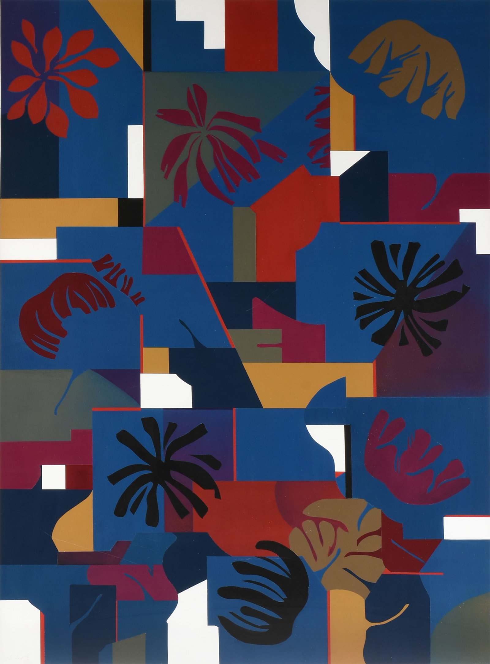 CHARLOTTE KLEBANOFF (American/Texas 1925-2026) Polynesia, 20TH CENTURY,: CHARLOTTE KLEBANOFF (American/Texas 1925-2026) Polynesia, 20TH CENTURY, acrylic on canvas framed under plexi, signed at lower left, "C. Klebanoff," and signed and titled on back, "Polynesia Cot. #0176