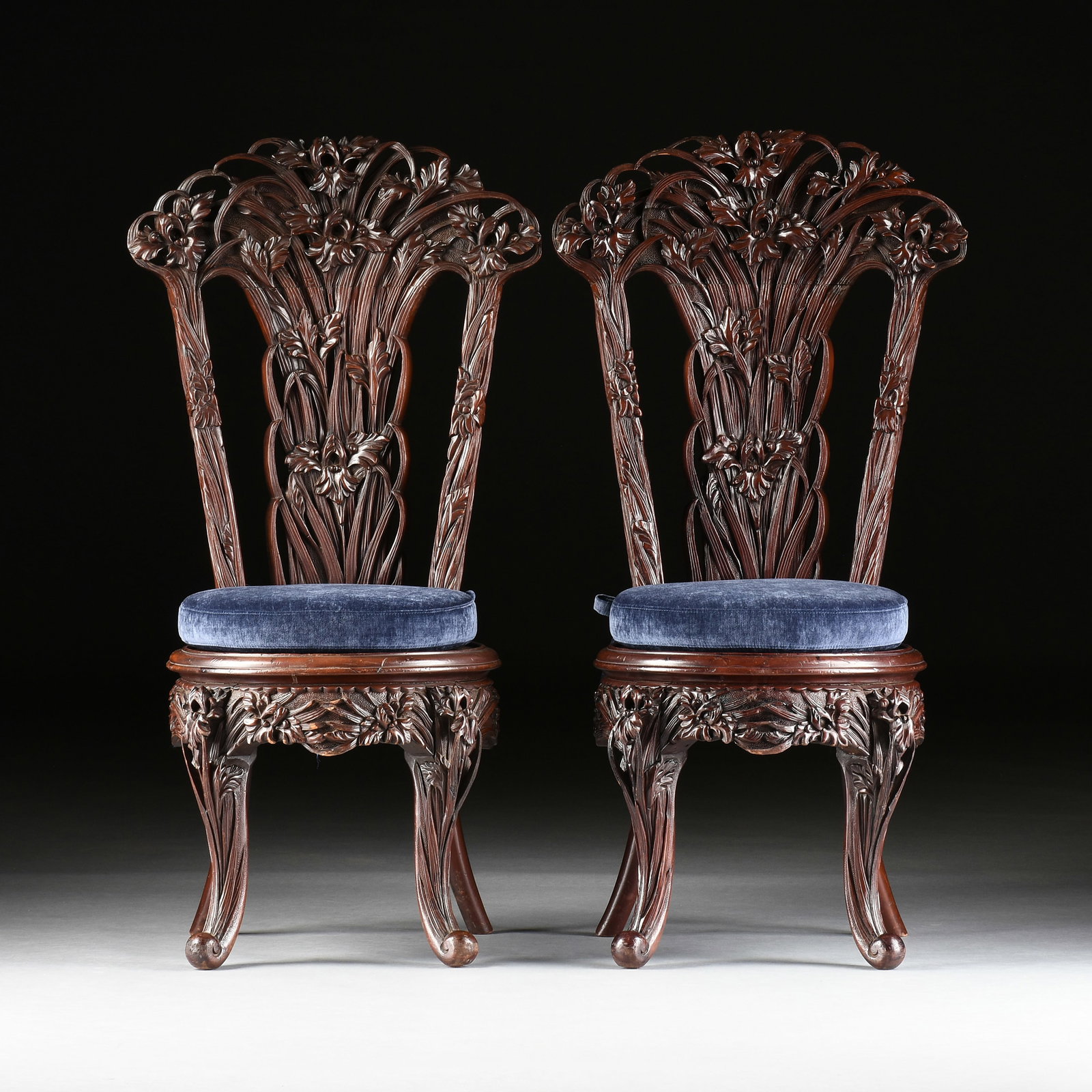 A PAIR OF ART NOUVEAU STYLE IRIS CHAIRS, CHINESE OR JAPANESE EXPORT, 20TH CENTURY, (1 of 8)