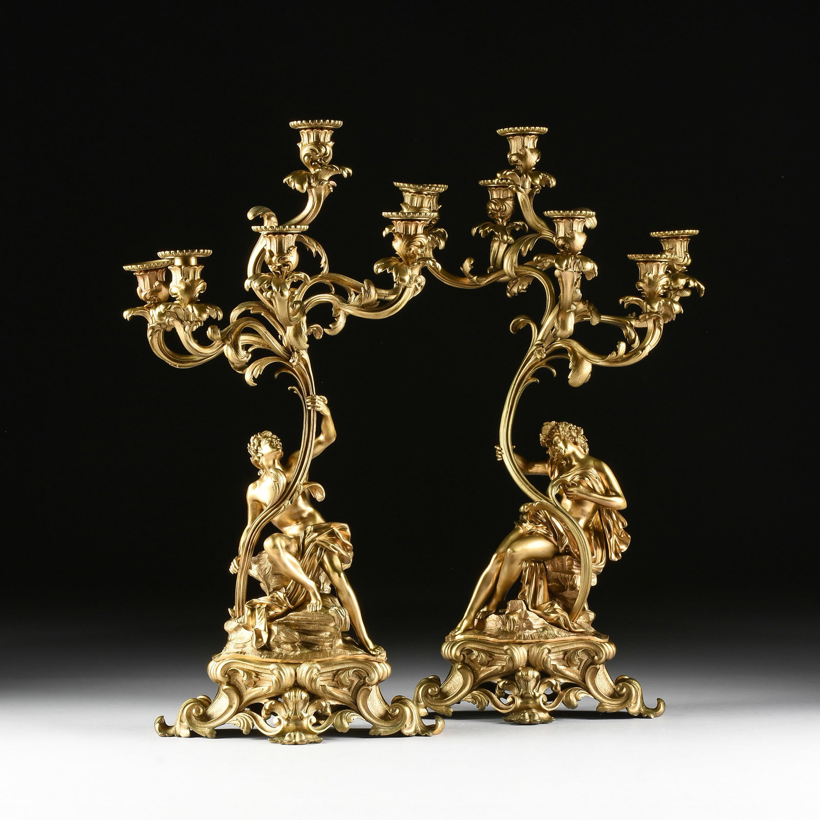 A PAIR OF ROCOCO STYLE SIX-LIGHT CANDELABRA, PROBABLY FRENCH, 19TH/20TH CENTURY, (1 of 19)