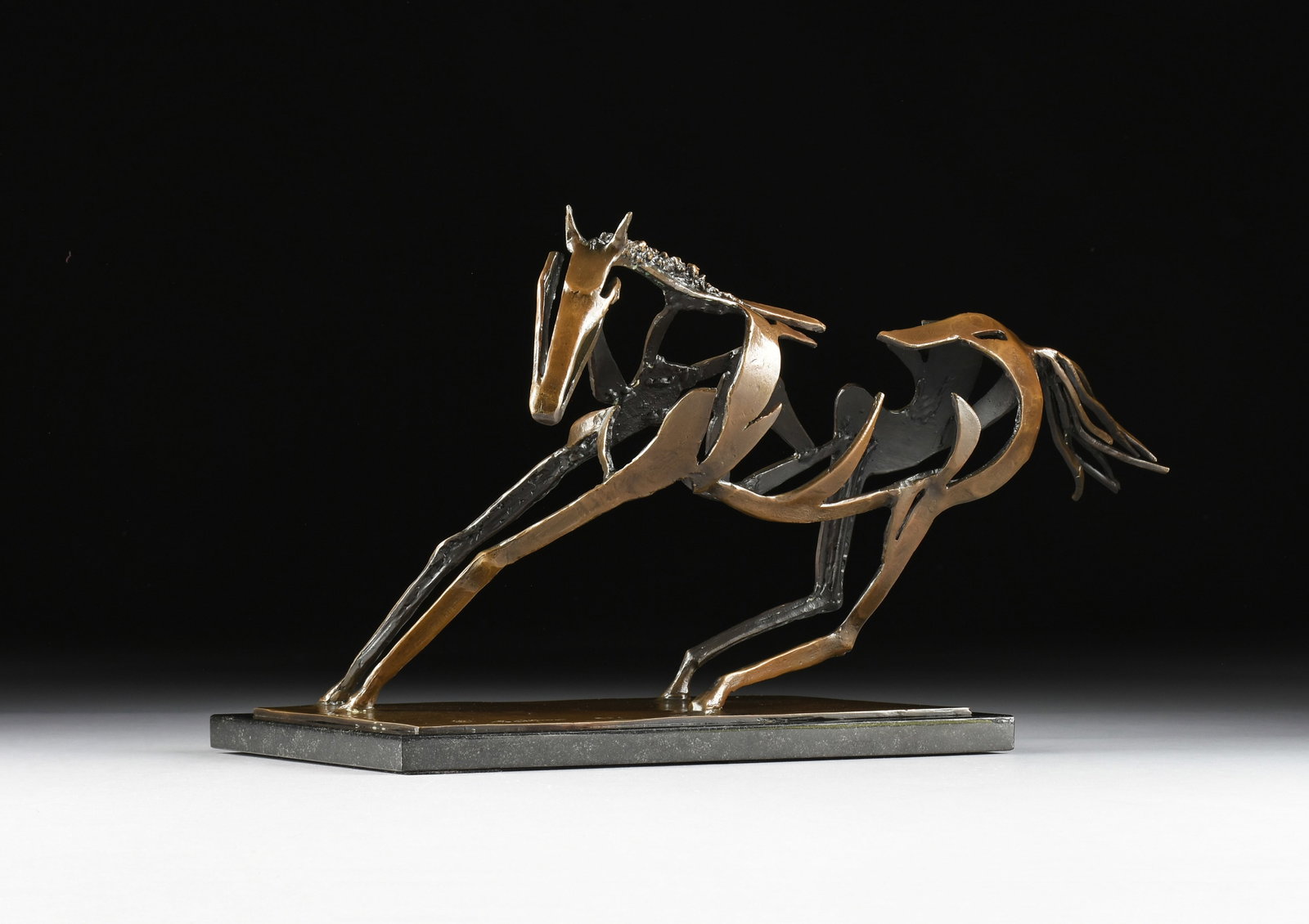 AL GLANN (American) The Cutter, 20TH/21ST CENTURY,: AL GLANN (American) The Cutter, 20TH/21ST CENTURY, patinated bronze sculpture of a stylized running horse mounted on a stone base, signed on base, "© Al Glann API." 12 x 23 x 15 in. (30.5 x 58.4 