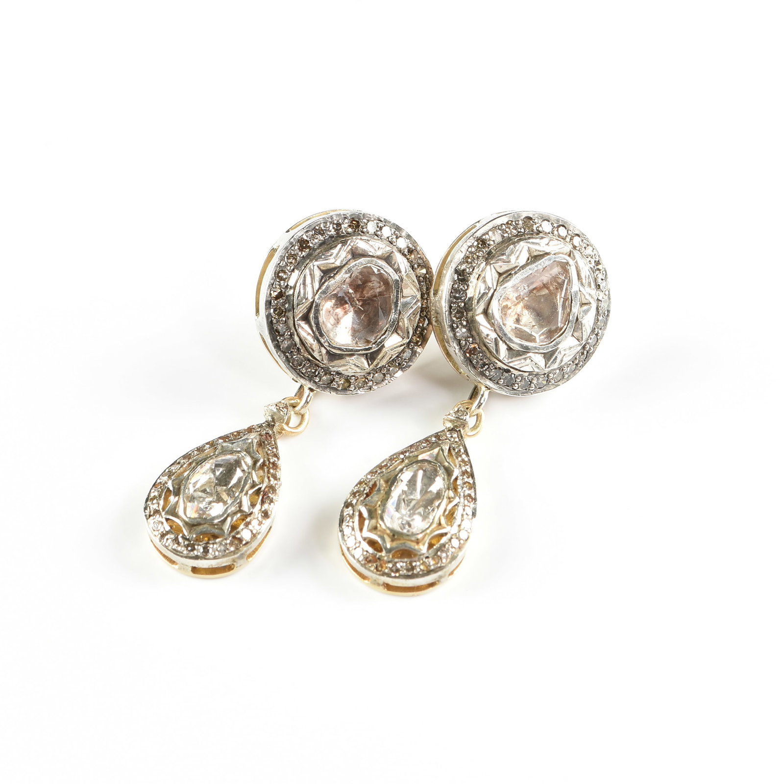 A PAIR OF STERLING SILVER AND DIAMOND DROP EARRINGS, INDIAN, (1 of 3)