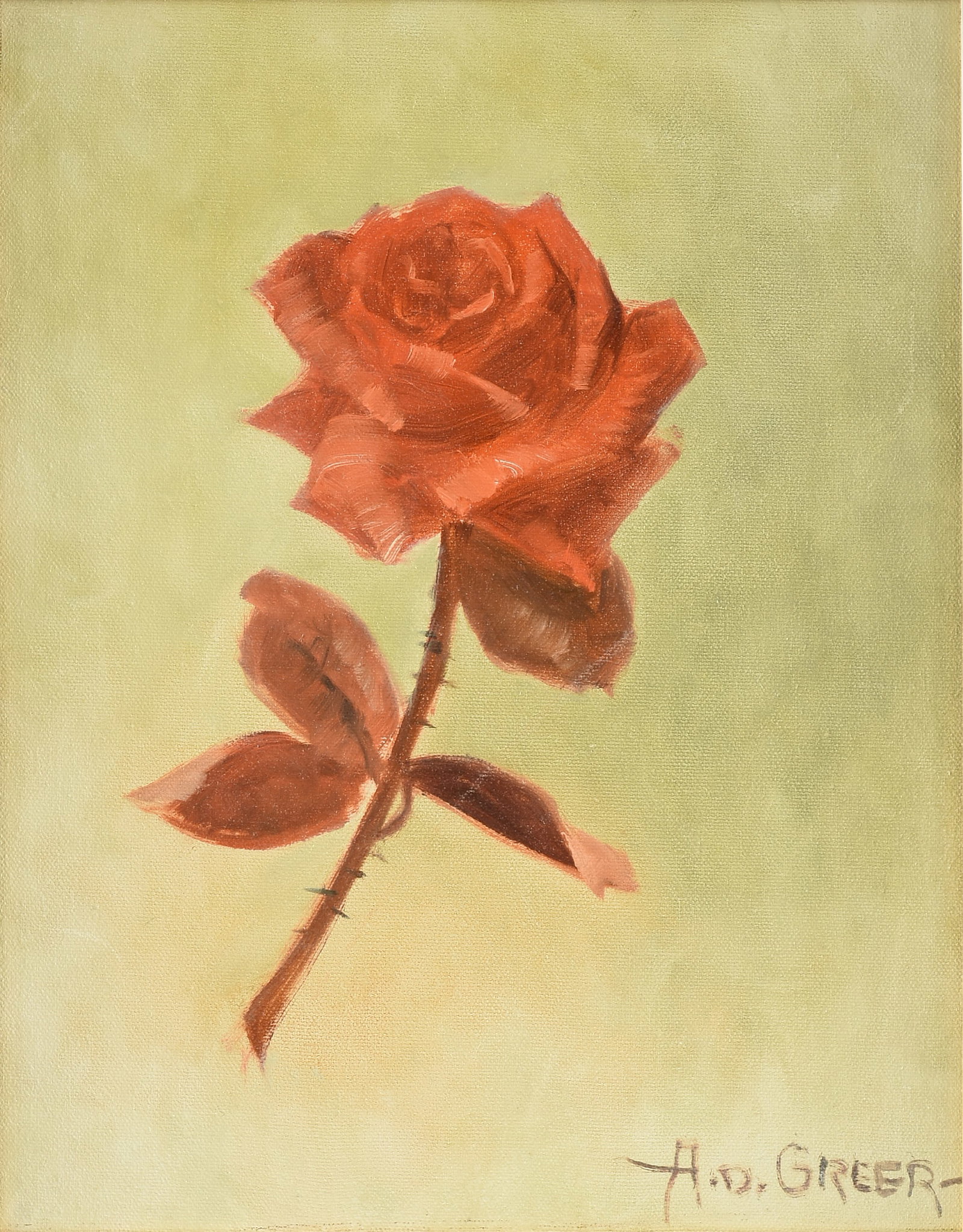 A.D. GREER (American/Texas 1904-1998) Rose, 20TH CENTURY,: A.D. GREER (American/Texas 1904-1998) Rose, 20TH CENTURY, oil on canvas, signed lower right, "A.D. Greer," also dedicated and signed on reverse, "To James / A.D. Greer." 14 x 11 in. (35.6 x 27.9