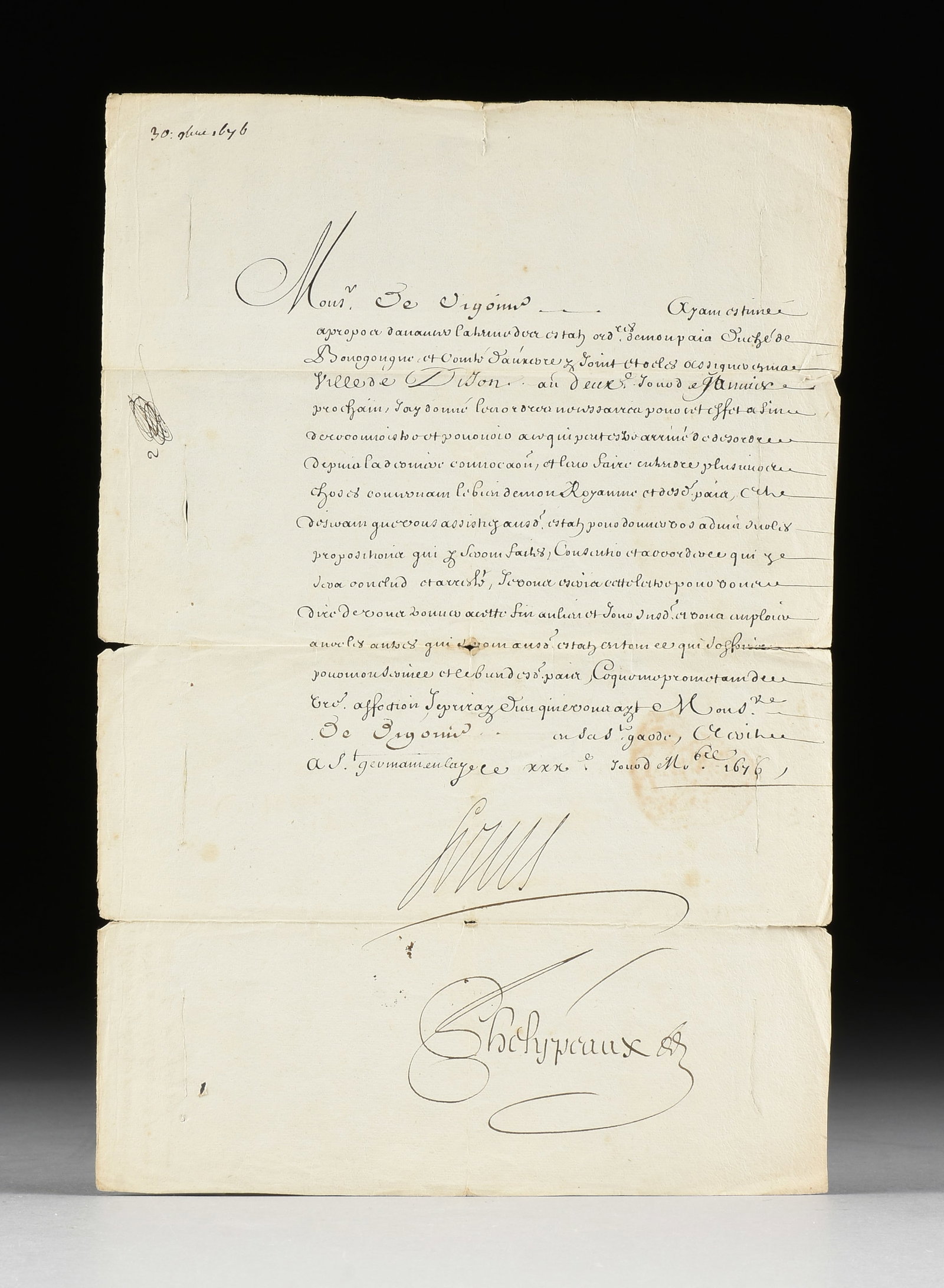 A LOUIS XIV SIGNED LETTER OF SUMMONS TO A NOBLE FAMILY OF BURGUNDY, 1676, (1 of 4)