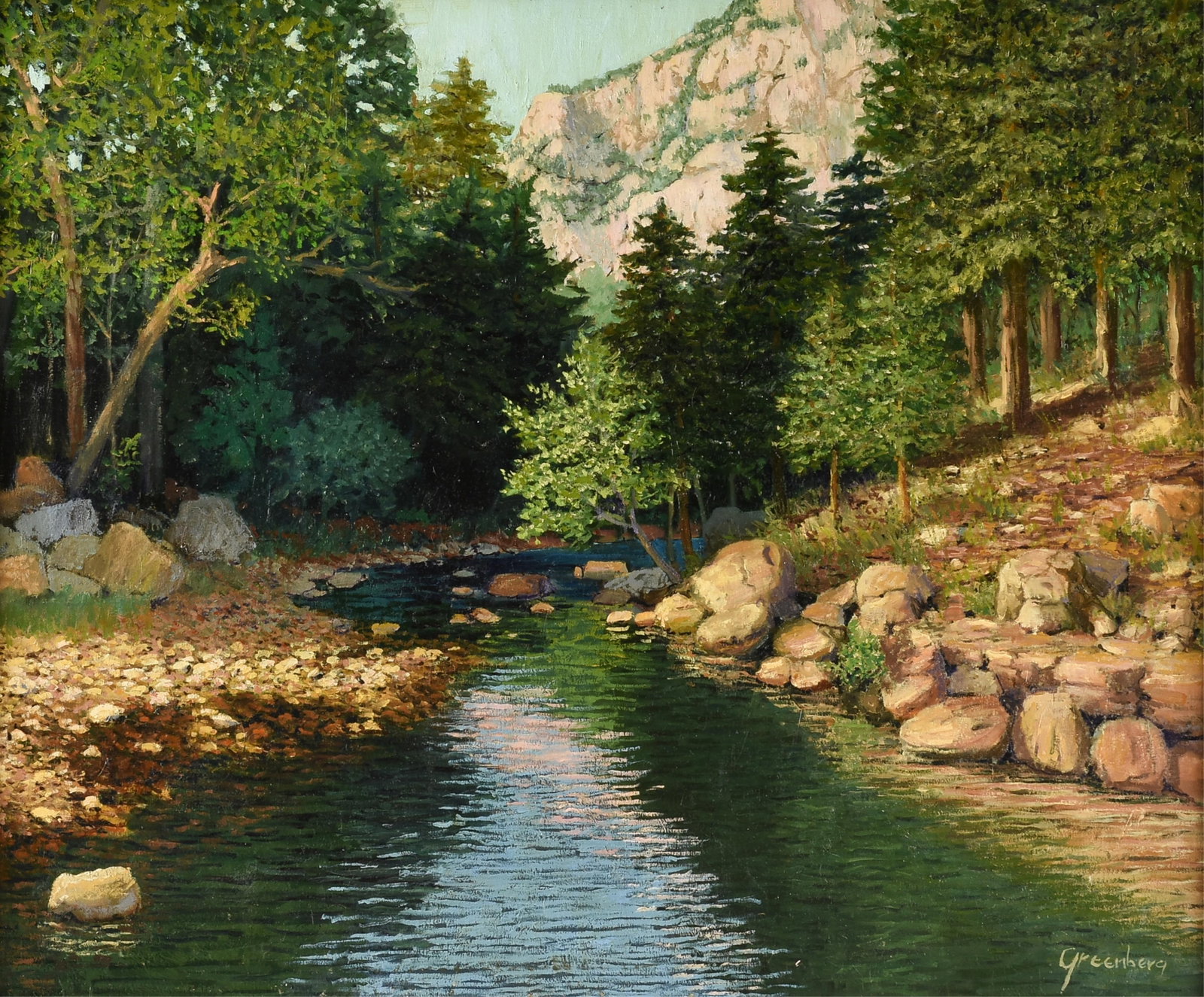 JERRY GREENBERG (American/Texas b. 1946) Riverscape (Untitled), 21ST CENTURY,: JERRY GREENBERG (American/Texas b. 1946) Riverscape (Untitled), 21ST CENTURY, oil on canvas, signed lower right, "Greenberg." 30 x 36 in. (76.2 x 91.4 cm.), Frame: 37 x 43 1/4 in. (94 x 109.9 cm.)