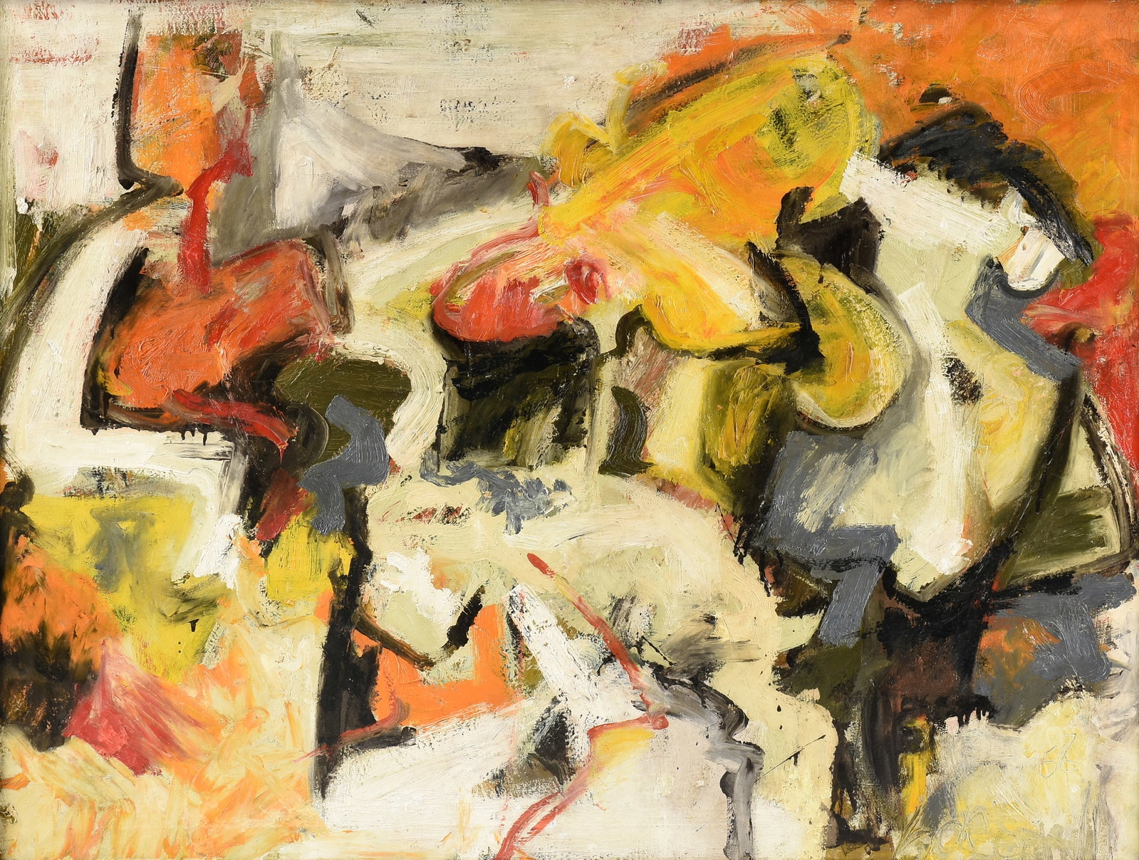 HILDA O'CONNELL (American b. 1934) Untitled, 1958,: HILDA O'CONNELL (American b. 1934) Untitled, 1958, oil on canvas, signed and dated lower right, "h. o'connell 58," with a label on reverse from Matthews Gallery, Santa Fe, New Mexico. 36 x 48 in.
