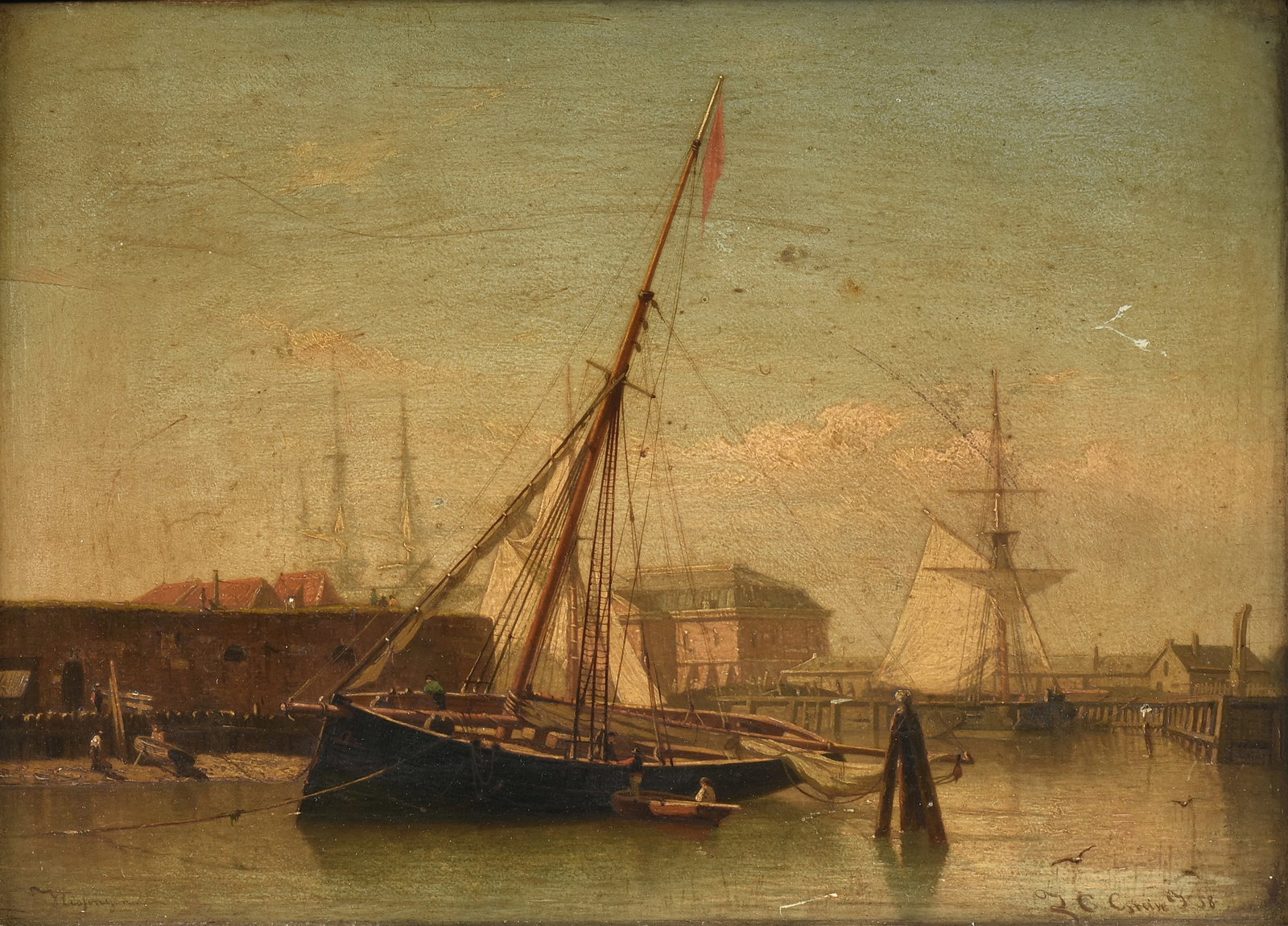 JOHAN CONRAD GREIVE (Dutch 1837–1891) Vlissingen Harbor, 1858,: JOHAN CONRAD GREIVE (Dutch 1837–1891) Vlissingen Harbor, 1858, oil on panel, signed and dated lower right, "J.C. Greive '58," and identified with the location at lower left, "Vlissingen." 9 x